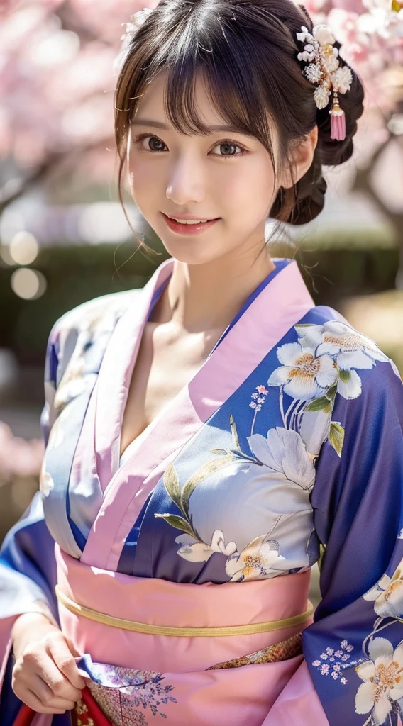 1girl,medium shot,Distant view,(cowboy shot),standing,looking at viewer,Wearing an ornament on the head,Japan Traditional Hair Set,(kanzashi,Colorful kimono,Pink Kimono,Kimono with gorgeous and elegant designs,highest grade obi,Kimono of Kyo Yuzen,Kimono dyed by Kyotomo,Furisode,Floral pattern in Japanese style:1.5),January,There&#39;s a little snow left,Best Quality,4K,8K,hight resolution,masutepiece:1.2,Realistic,tre anatomically correct,Use natural light and color,Ultra-realistic capture, Highly detailed,人間の皮膚のhight resolution16kクローズアップ,Skin texture must be natural, Detailed enough to finely identify pores. Skin should look healthy,fine-grained white skin,(medium breasts),Sharp Focus,In a uniform tone,Ultra-detailed,extremely detailed eye and face,Beautiful detailed eyes,Beautiful detailed lips,long eyelashes,Photorealistic:1.37,japanes,beautiful and magnificent composition,masutepiece,Attractive,Cute,silky smooth hair,light smile,with round face,(Silver hair color),(Emphasizes cleavage),(thighs exposed),