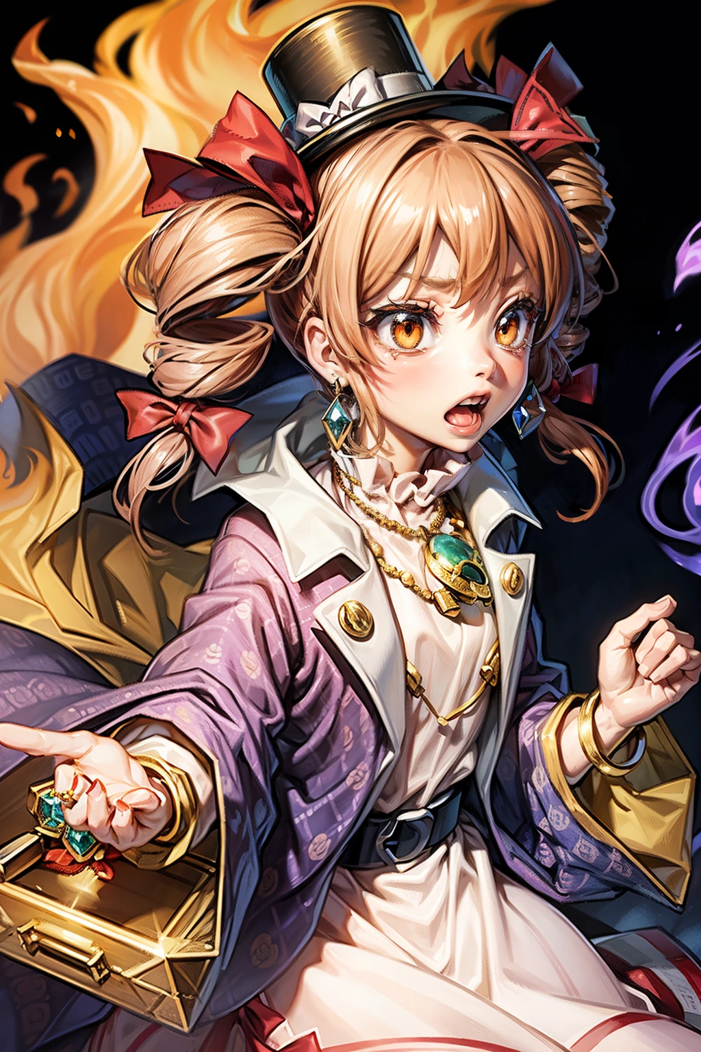 (masterpiece, top quality, best quality, beautiful and aesthetic:1.2), yorigami jo'on,1girl,top hat,hat bow,red bow,hair bow,brown hair, sunglasses,eyewear on head,drill hair,orange eyes,earrings,gem, jewelry, bow, ring,pendant,necklace,buckle, high collar, long sleeves,wide sleeves,bracelet, purple coat, tachi-e, open clothes, belt, white dress,red ribbon, floral print, fire, japanese architecture, surprised, :o, beam, laser, glaring body, open box, box, open mouth, jaw drop, wide-eyed, panicking, horrified, screaming, sobbing, traumatized, turn pale, wavy mouth, glowing, glow, outer glow,