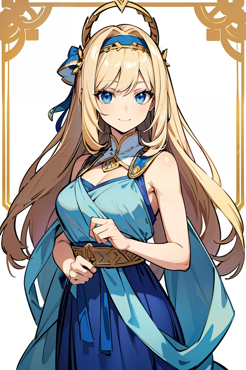 (high-quality, breathtaking),(expressive eyes, perfect face) 1girl, girl, solo, young adult, blonde hair, blue coloured eyes, stylised hair, gentle smile, medium length hair, loose hair, side bangs, curley hair, really spiky hair, spiked up hair, looking at viewer, portrait, ancient greek clothes, blue black and white tunic, white Chlamys, sleeveless, greek, blue and gold sash, music inspired background, related to Orpheus, C cup size breasts, hair accessory blue