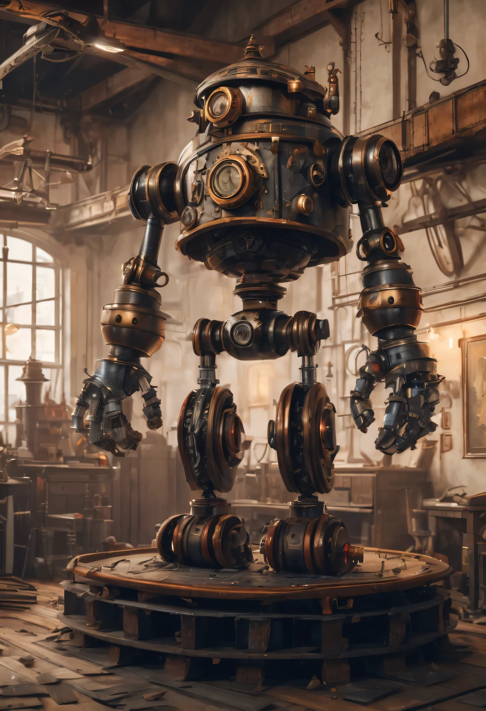 (best quality,4k,8k,highres,masterpiece:1.2),ultra-detailed,(realistic,photorealistic,photo-realistic:1.37),steampunk,1800s England,large scary household servant robot,big head,multiple arms with tools built in,metallic body,brittle,aged,steam-powered,machinery,complex clockwork,leather straps,dark,gothic style,heavy gears,exposed pipes,gloomy atmosphere,dusty,smoky,enormous mechanical hands,ominous red eyes,precision engineering,cogwheels,massive boiler,steam whistle,engravings,ornate decorations,mournful expression,mechanical hissing sound,stern facial features,industrial background,gauges,control panels,flickering gas lamps,copper accents,detailed craftsmanship,vintage design,Victorian era aesthetics,retro-futuristic,rich color palette,antique textures,haunting presence