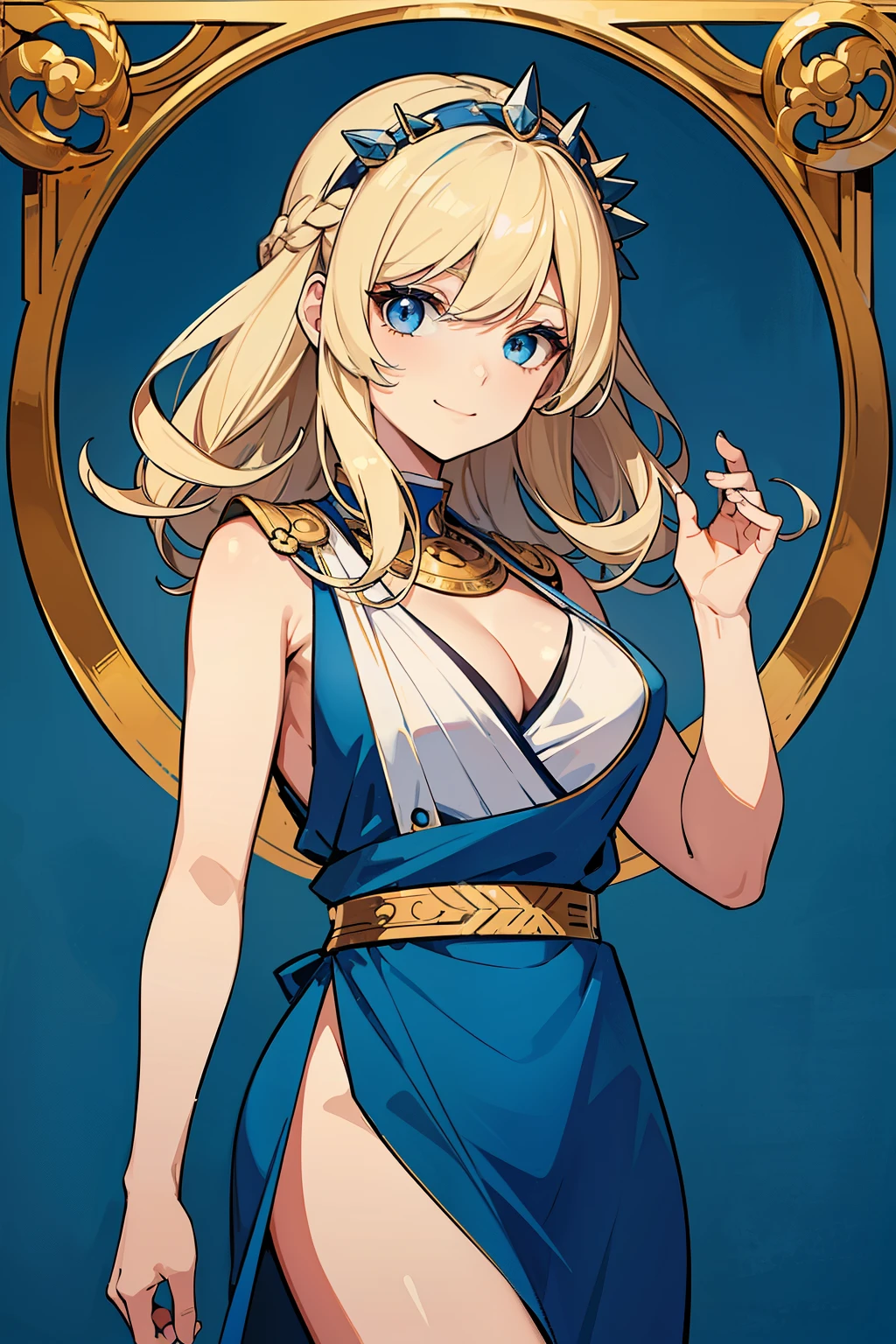 (high-quality, breathtaking),(expressive eyes, perfect face) 1girl, girl, solo, young adult, blonde hair, blue coloured eyes, stylised hair, gentle smile, medium length hair, loose hair, side bangs, curley hair, really spiky hair, spiked up hair, looking at viewer, portrait, ancient greek clothes, blue black and white tunic, white Chlamys, sleeveless, greek, blue and gold sash, music inspired background, related to Orpheus, C cup size breasts