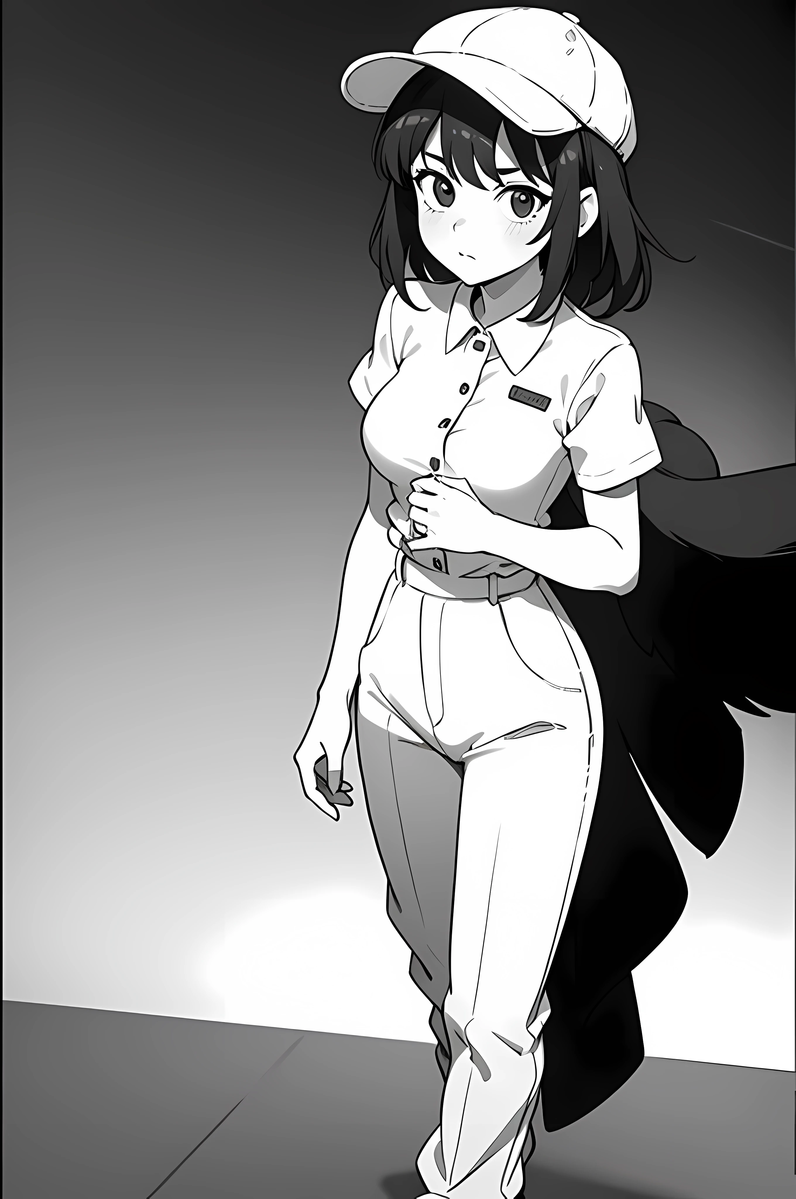 ((best quality)), (masterpiece), woman, matured woman, solo, small breast, white clothing, employe, (panel cap:1.2), white shirt with single button, tucked in, short sleeves, (long pants:1.2), work shoes, standing, facing front, body front, looking at the camera, body on the camera, monochrome, line art, manga, anime, high resolution, 4k, detailed