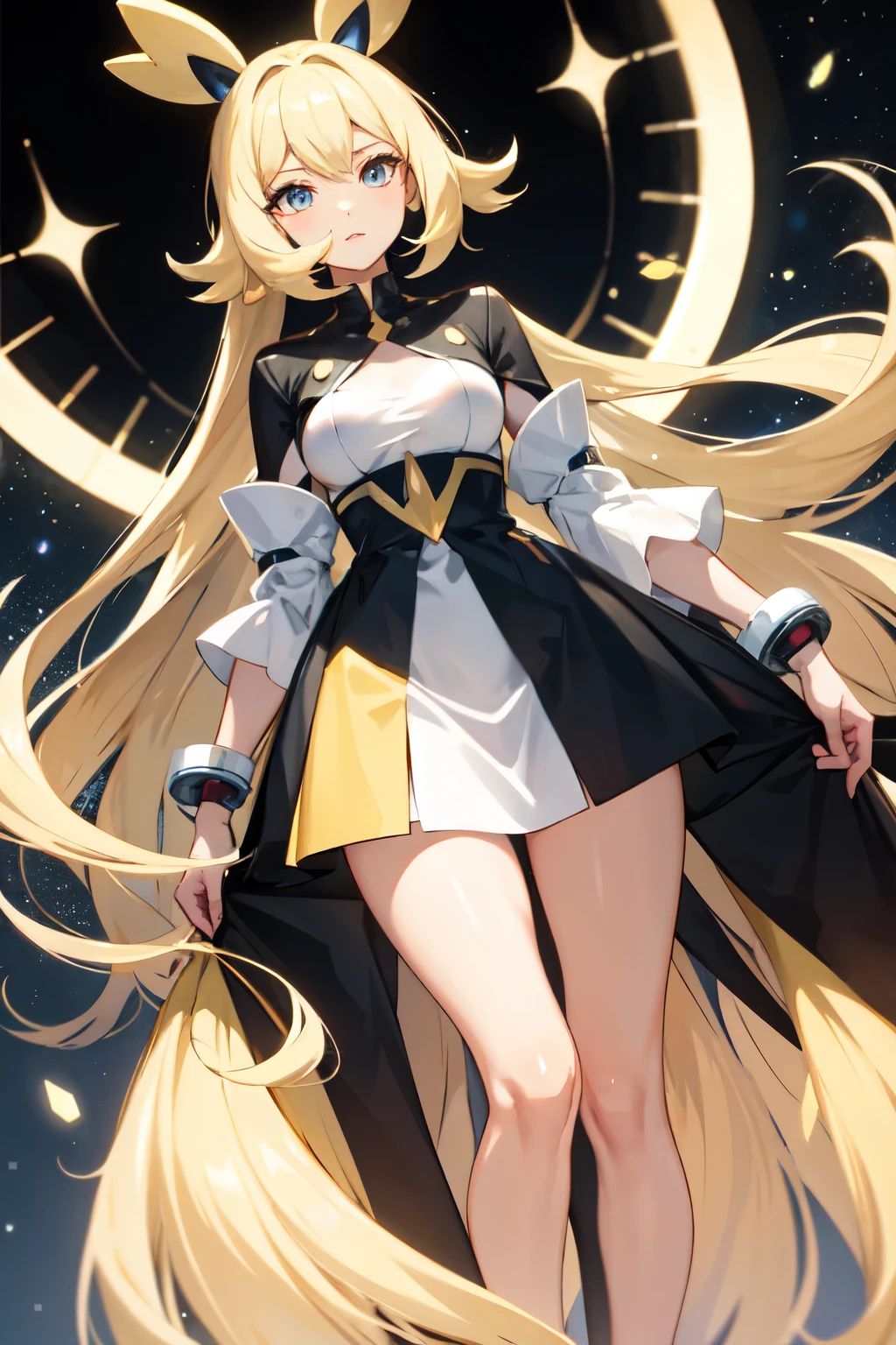 A pokémon,Sirona,dots,a blond,The long-haired,Tall,Pokemon,Black clothe,light skinned,high-pressure,alone,leader,