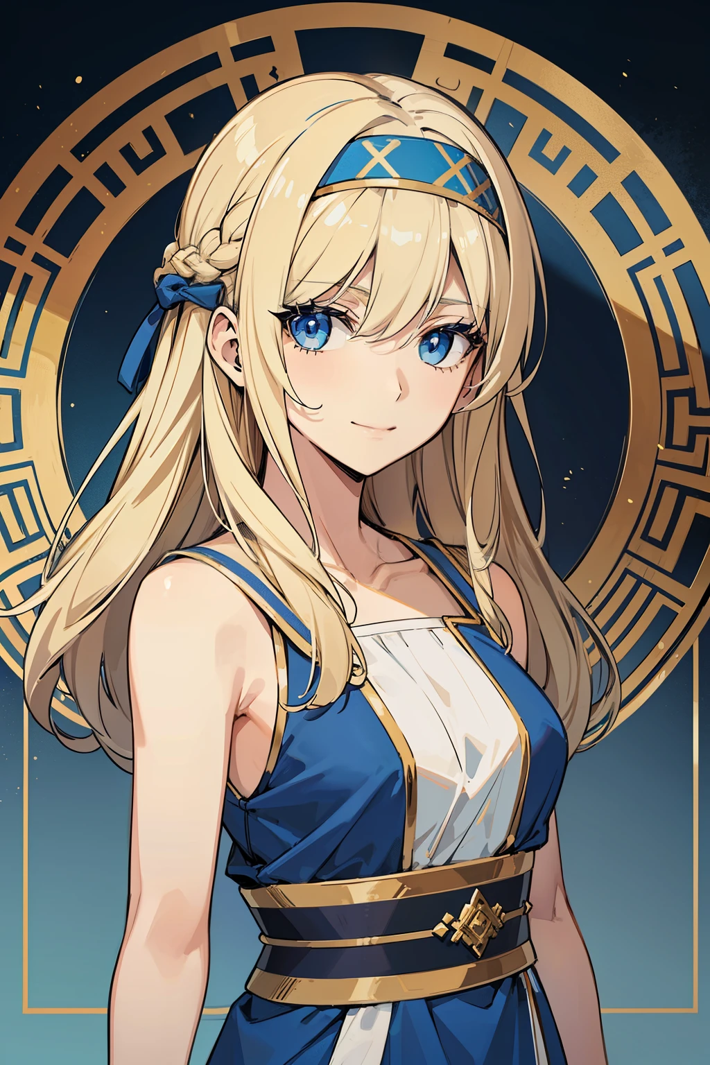 (high-quality, breathtaking),(expressive eyes, perfect face) 1girl, girl, solo, adult, blonde hair, blue coloured eyes, stylised hair, gentle smile, medium length hair, loose hair, side bangs, curley hair, really spiky hair, looking at viewer, portrait, ancient greek clothes, blue black and white tunic, white Chlamys, sleeveless, greek, blue and gold sash, music inspired background, related to Orpheus, C cup size breasts, hair accessory blue