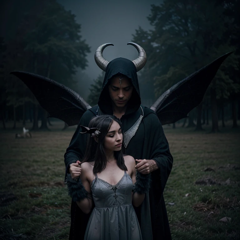 man with a goats head in a hooded cloak dancing with a woman with fairy wings in a dark, foggy field (black and grey) (baphomet) (fairy)