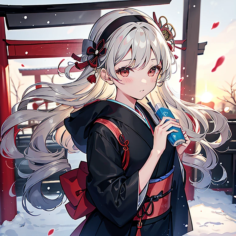 Girl in kimono,silber hair,Dark blue kimono,With both hands1have two votive tablets,with floral pattern,Black headband,I'm in Japan in January,Snow is piled up,In front of the red torii gate of the shrine,The sun rises,snowflakes falling,morning,He looks at you anxiously,people around,Futomo,