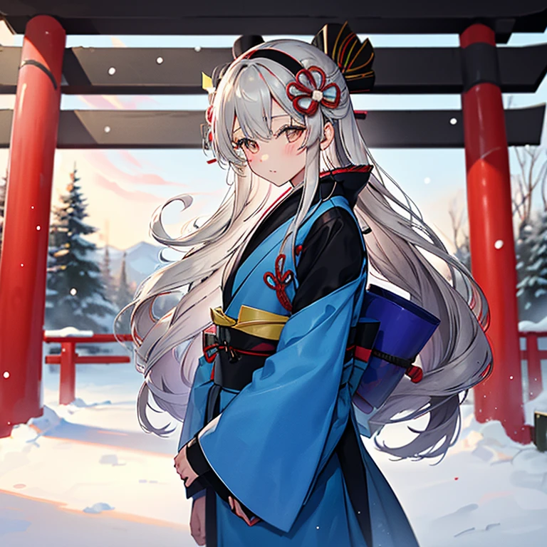 Girl in kimono,silber hair,Dark blue kimono,With both hands1have two votive tablets,with floral pattern,Black headband,I'm in Japan in January,Snow is piled up,In front of the red torii gate of the shrine,The sun rises,snowflakes falling,morning,He looks at you anxiously,people around,Futomo,