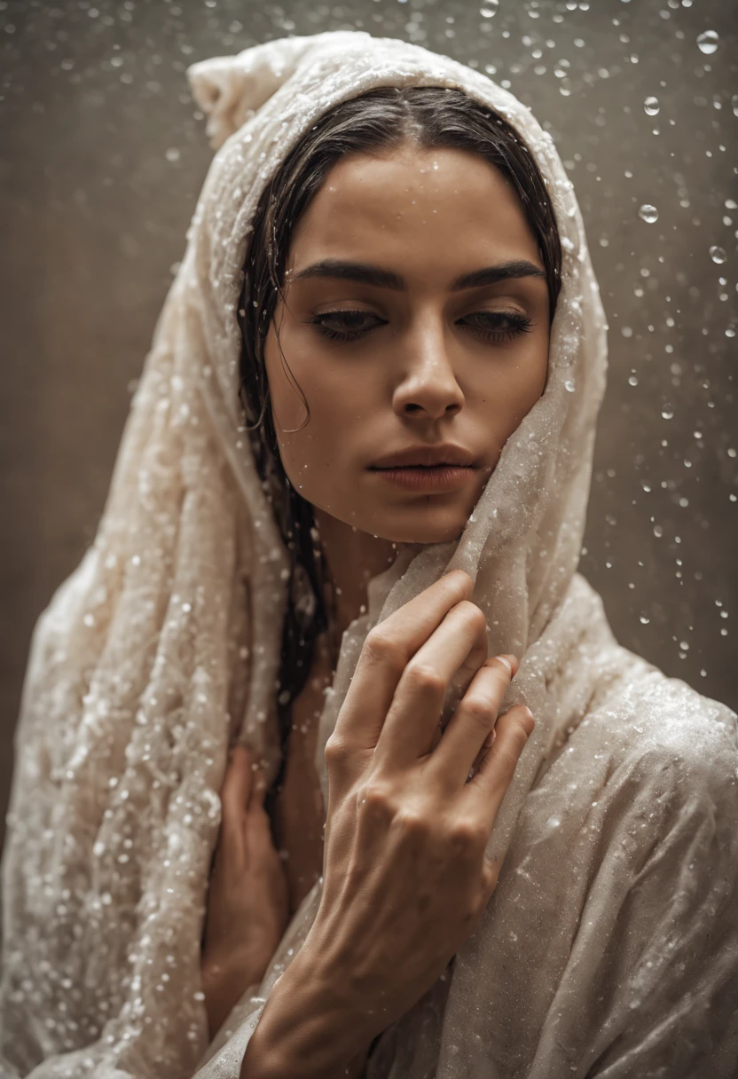 Beautiful Girl woman wear hijab standing by the shower. Droplets of water glisten on her skin. The fabric caresses her skin providing a comforting warmth. Wet hijab, slightly damp from the shower clings delicately to her figure, accentuating her natural grace and beauty. Her hair still damp and tousled falls loosely around her shoulders. Droplets of water trickle down her neck and cascade onto her collarbone adding a touch of sensuality to the scene. Her face reflecting a moment of tranquility and self-care. Insane serene bathroom Background, real skin, perfect anatomy, model, realistic, very realistic,