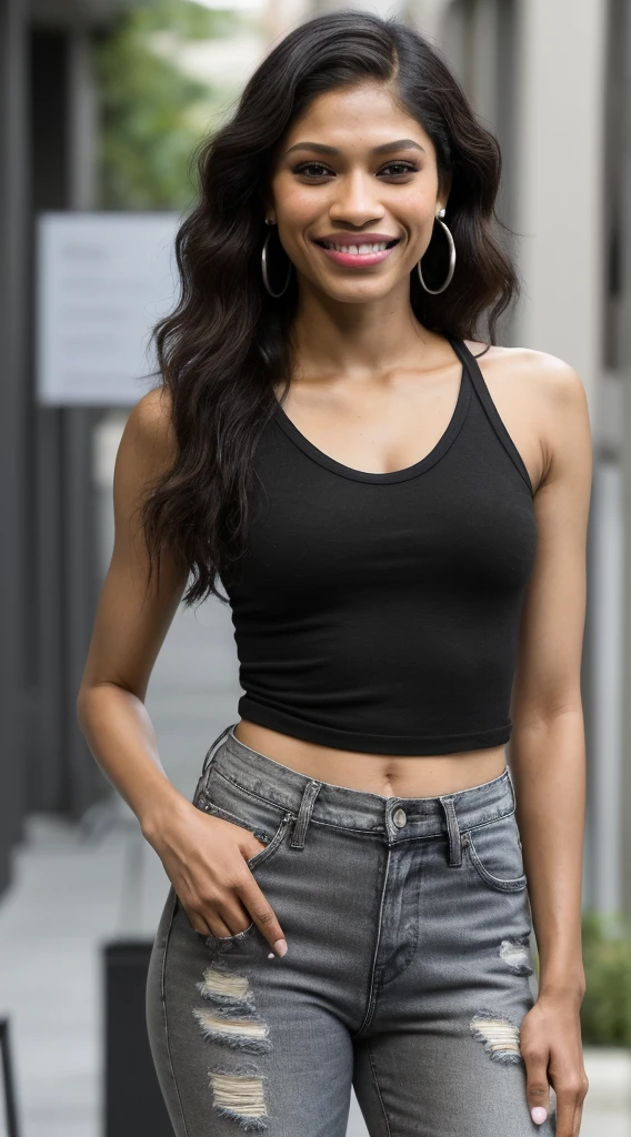 smiling woman with short black curly hair and earrings, wearing a black top with grey ripped jeans and black leather boots, mixed-race woman, indian, latina, brown skin, 30 years old, short, petite physique, diminutive, cute features, spunky expressions, standing in front of a building, zendaya-freida pinto-samantha logan-rosario dawson-dominique tipper-madeleine mantock-elodie yung-amita suman-nicole gale anderson-jaylen barron-kylie jenner-nicole scherzinger merged, entire body visible, full body, hyperrealistic, best quality, 8K, real human skin, masterpiece, extremely intricate, medium closeup, detailed eyes, detailed face, detailed body, exaggerated features, pronounced features