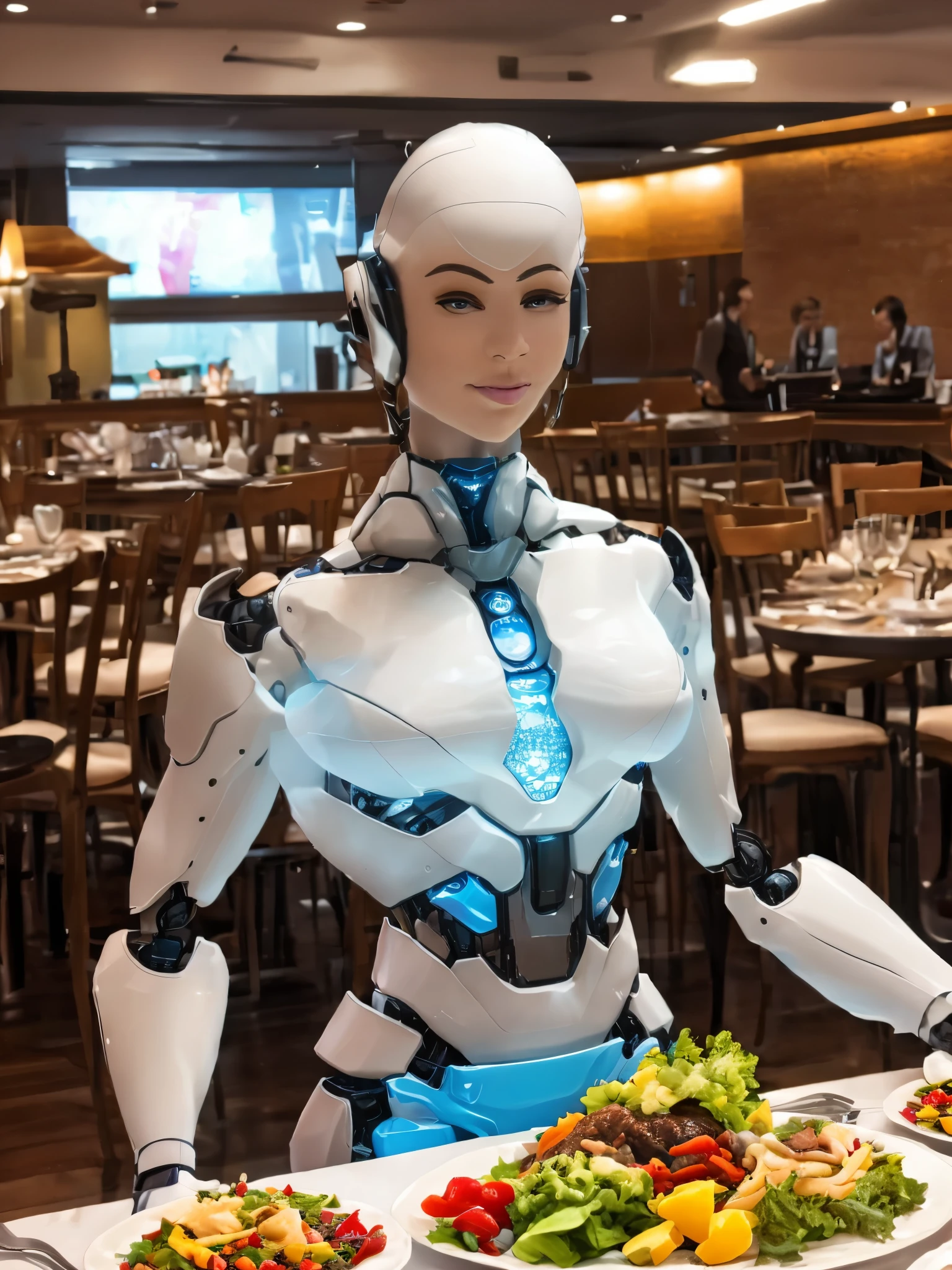 A robot butler carrying a meal, (best quality, highres, masterpiece:1.2), ultra-detailed, realistic:1.37, professional, physically based rendering, studio lighting, vivid colors, portraits, metal surface, polished, shiny, intricate circuitry, advanced robotic arm, precision engineering, sleek design, futuristic technology, smooth movements, clean and tidy environment, exquisite plating, appetizing dishes, vibrant fruits and vegetables, mouth-watering presentation, table setting, formal attire, warm and inviting ambiance, confident and poised posture, friendly expression, life-like eyes, expressive human-like features.