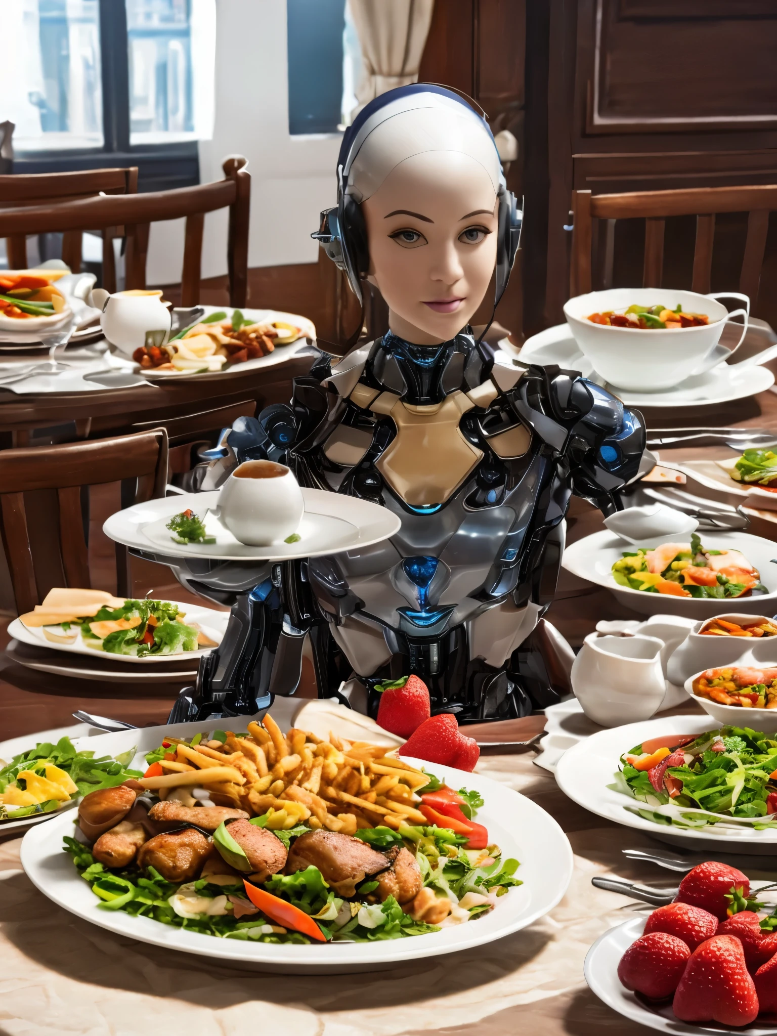 A robot butler carrying a meal, (best quality, highres, masterpiece:1.2), ultra-detailed, realistic:1.37, professional, physically based rendering, studio lighting, vivid colors, portraits, metal surface, polished, shiny, intricate circuitry, advanced robotic arm, precision engineering, sleek design, futuristic technology, smooth movements, clean and tidy environment, exquisite plating, appetizing dishes, vibrant fruits and vegetables, mouth-watering presentation, table setting, formal attire, warm and inviting ambiance, confident and poised posture, friendly expression, life-like eyes, expressive human-like features.