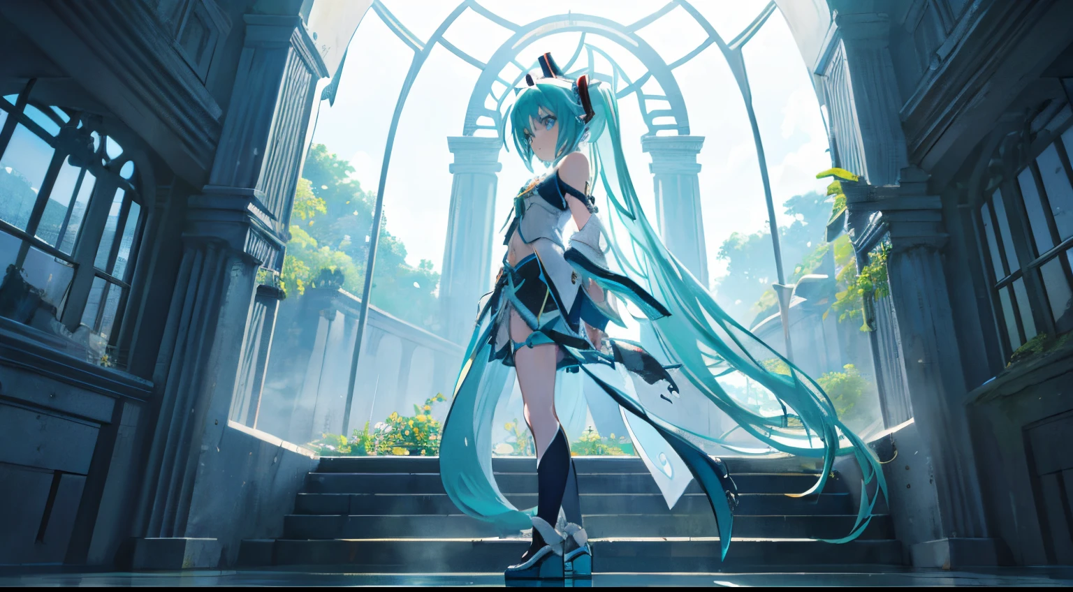 miku hatsune, (Rin々Profile:1.3), Sorcerer Adventurer, Small chest, Contre-Jour, ancient ruin, specular reflection, (masterpiece), (Best Quality, 8K, High resolution), Ultra-detailed, (Realistic), Vibrant colors.