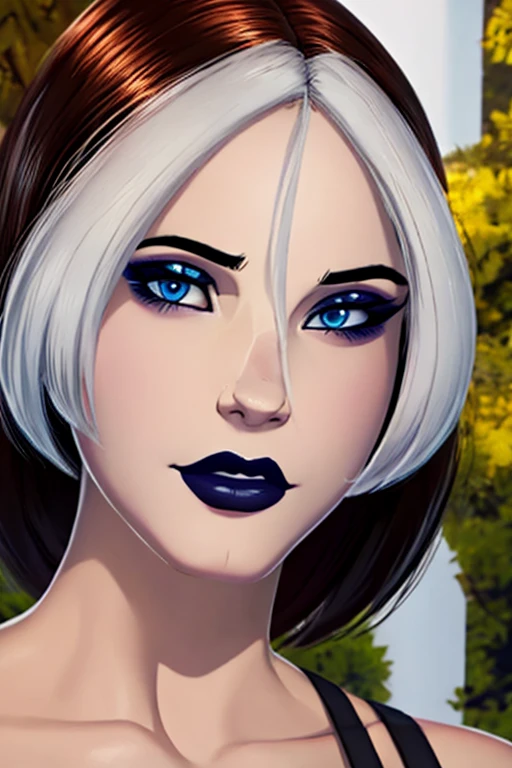 Fine detailed face perfect blue eyes pale skin gothic makeup, labios voluminosos y rosados boca abierta mostrando colmillos ,sonrisa coqueta y sexy esbelta y seductora posando grandes tetas escote 1.2