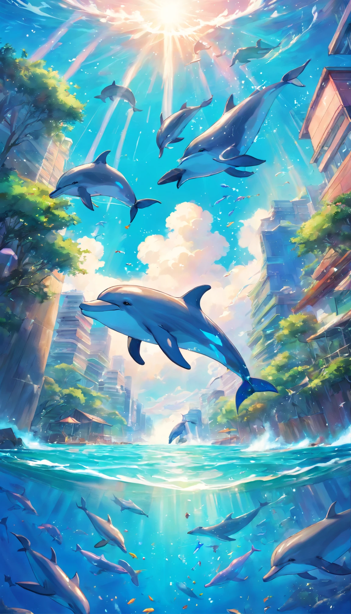 Painting of dolphins swimming in colorful ocean, Look up and see the composition, Jellyfish and whales falling from the sky, inspired by Cyril Rolando, A beautiful artistic illustration, author：Shitao, Colorful concept art, Makoto Shinkai Cyrillo Rolando, in the style of Cyril Rolando, flying whale, Highly detailed 8K watercolor painting, Highly detailed 8K watercolor painting，octanerender，end，actual，8K，Estilo de Makoto Shinkai( Reasonable design, Clear lines, High- sharpness,Best quality at best, The is very detailed, main part, Film light effect, 4K )