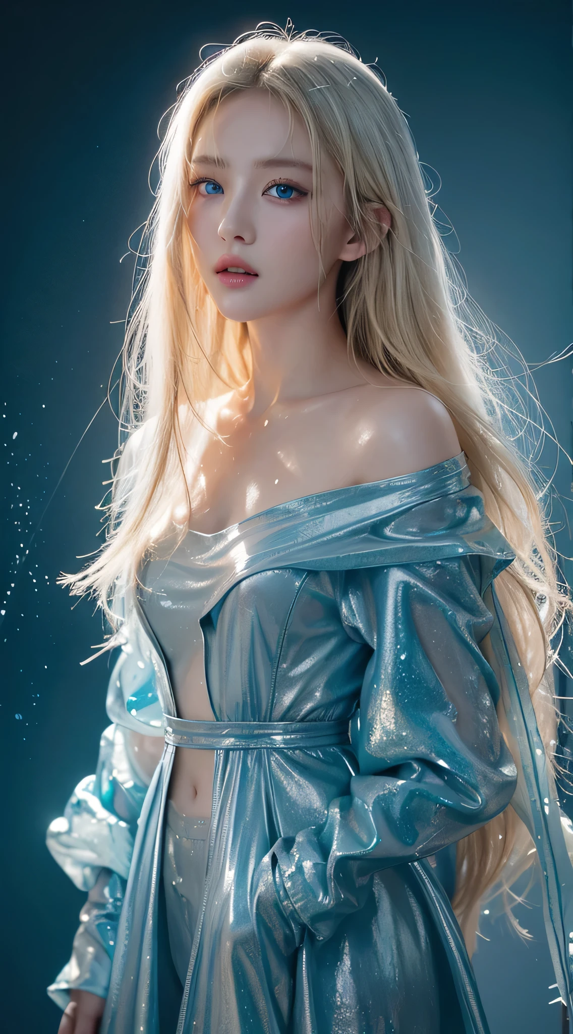Beautiful blonde supermodel woman, A lock of hair with slight highlights, blue gray eyes, mixed media, Paint is not dry, Jewel beetle, coloured background, Liquid color flows across her face, Photo by Zhang Jingna. - 6 o'clock'bell