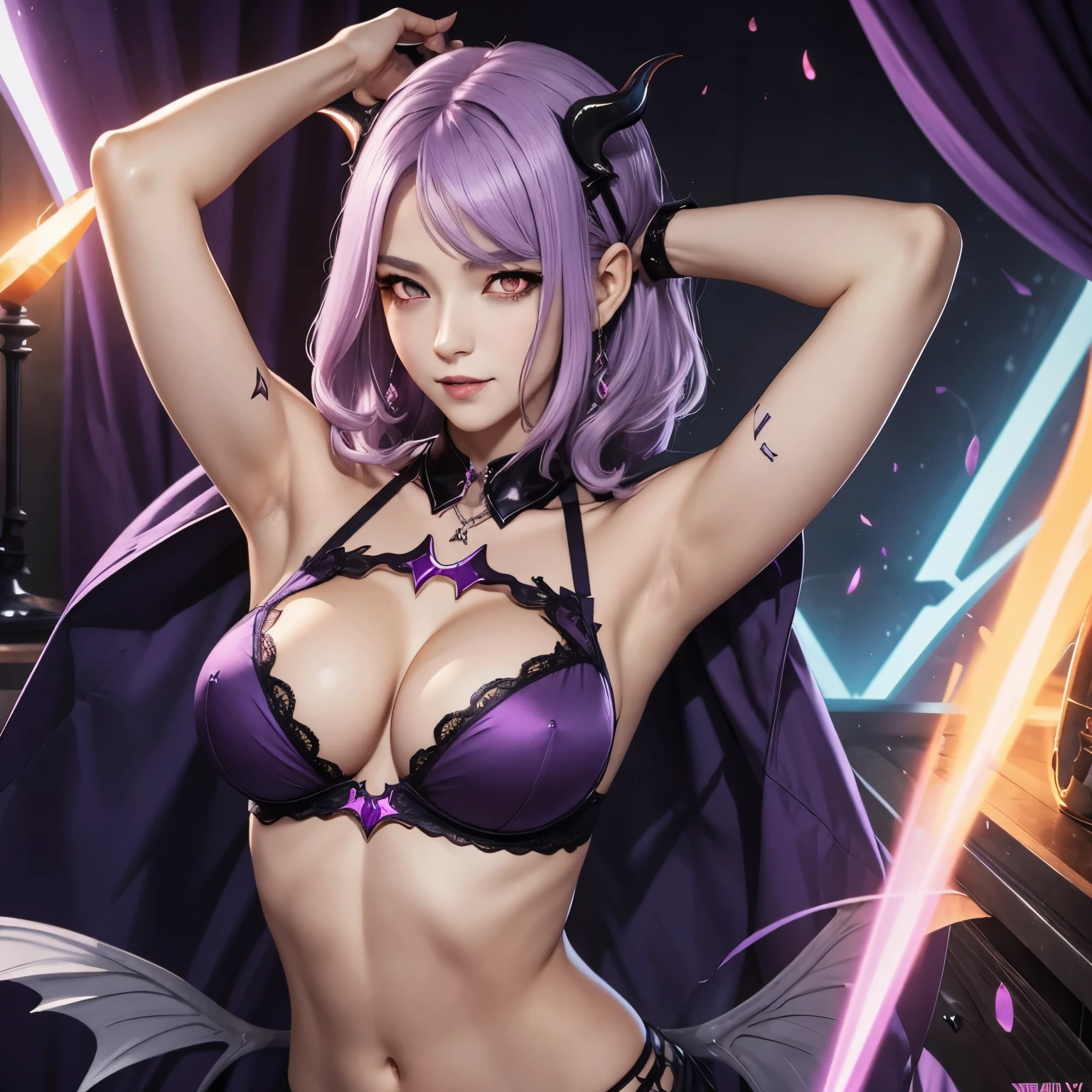 flirtatious succubus,Sensitive armpits,Sensitivity is medium,Light purple hair color,Orange star eyes,The chest is an F cup,Experienced,Sexual fetish is sm,Can be mentally controlled
