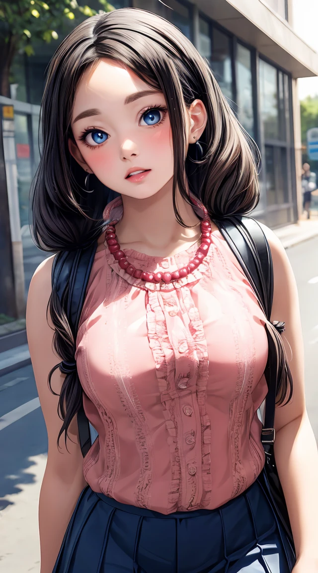 (masterpiece, best quality), perfect slim fit body, thick thighs, nice breasts, braided twintails, printed sleeveless cropped blouse, miniskirt, necklace, bracelets, backpack, big gorgeous eyes, parted lips, blush, walking pose, college compound, natural lighting