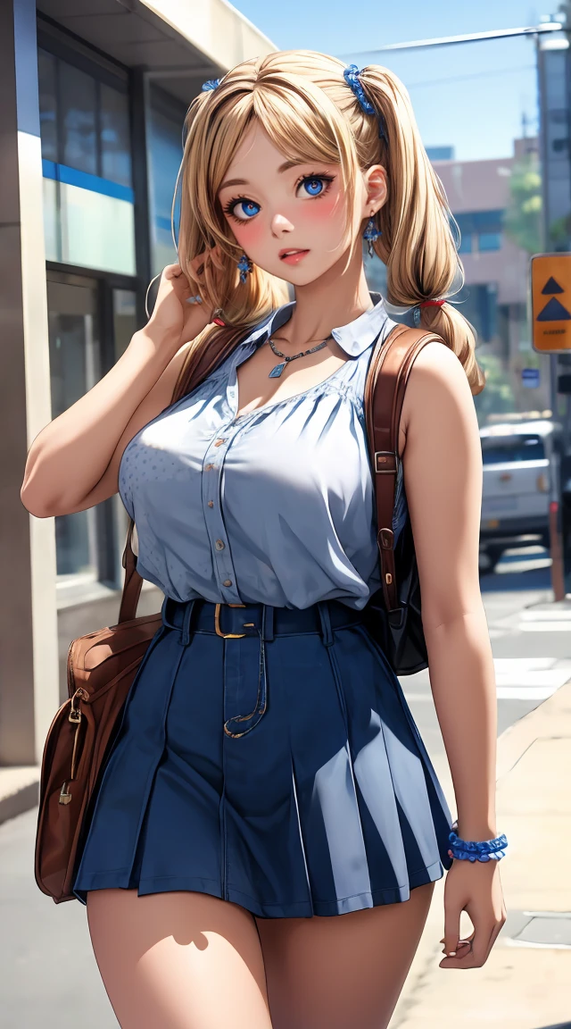 (masterpiece, best quality), perfect slim fit body, thick thighs, nice breasts, braided twintails, printed sleeveless cropped blouse, miniskirt, necklace, bracelets, backpack, big gorgeous eyes, parted lips, blush, walking pose, college compound, natural lighting