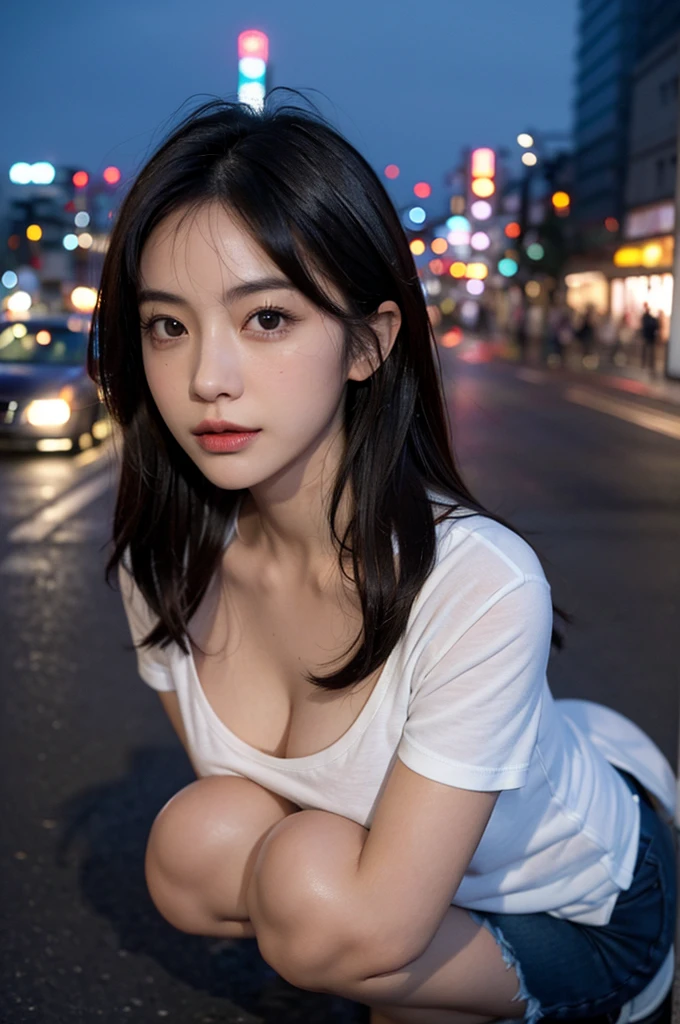 1girl in、Streets of Tokyo、natta、A city scape、city light、The upper part of the body、a closeup、8K、Raw photography、top-quality、​masterpiece、realisitic、Photorealsitic、,Photo of Pretty Japanese woman,Black short hair,Beauty face,(Leaning forward:1.3),Squatting,(From  above:1.2),(close up:1.4),Down shirt、cleavage of the breast（cleavage of the breastを披露、cleavage of the breastを強調する、Kneeling Pose – Kneeling Pose）POV,Loose T-shirt,big breasts beautiful breasts:0.9),Outdoors,Windy,Shiny skin,Blurry background,