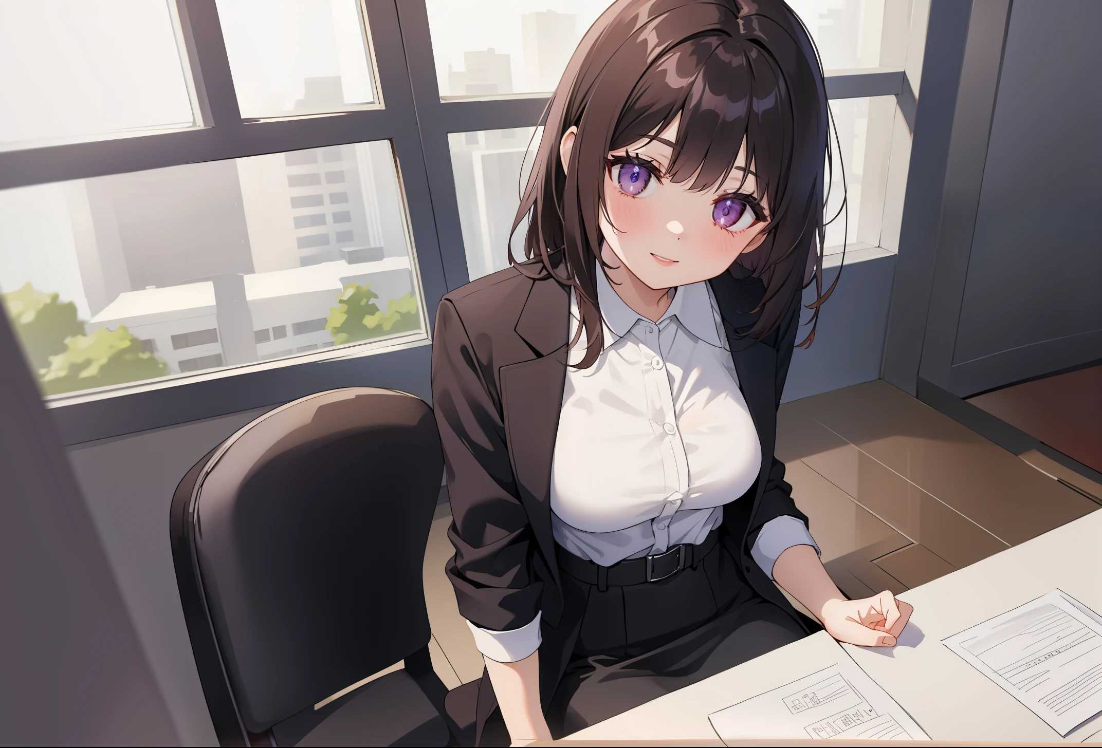 The background is office、window、a chair