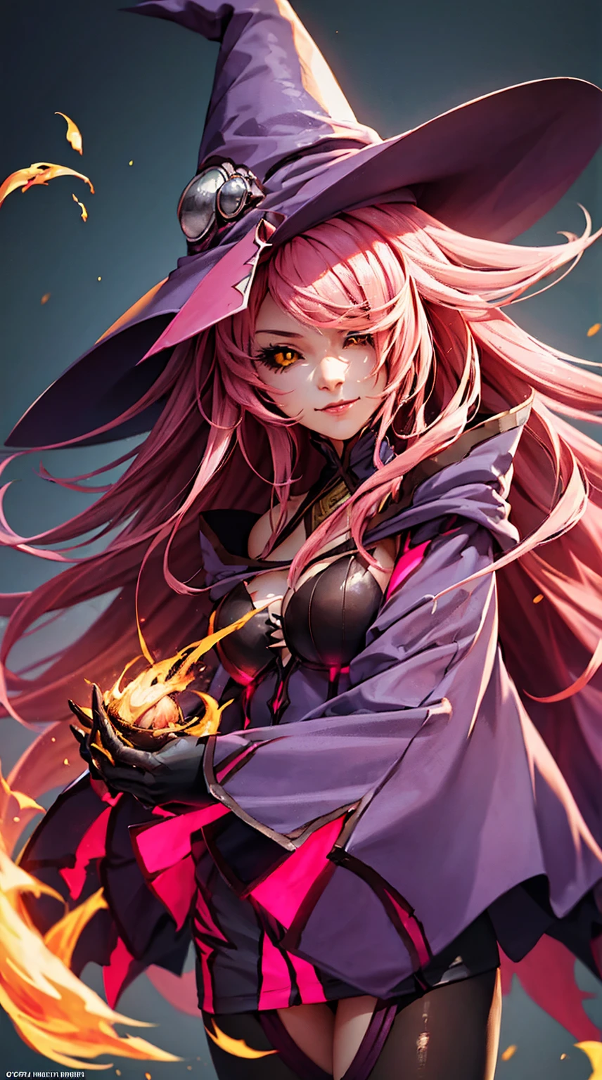 sfw,1girl,pink hair, long hair,smile fearlessly, ((wear a witch's hat)),cool,famale photo, (best quality:1.2), (masterpiece:1.3),ultra detailed, elaborate