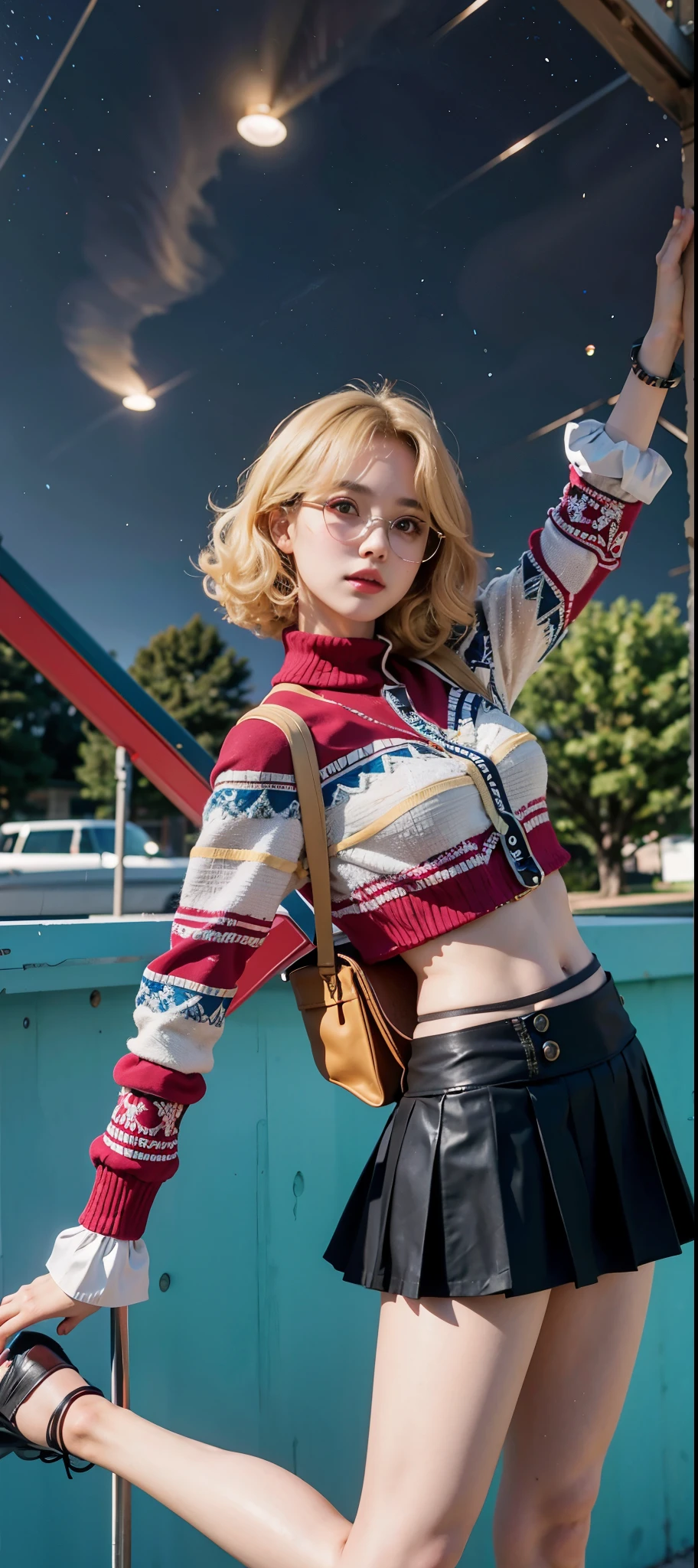 (8k, RAW Photography, top-quality, masterpiece:1.2), 1girl, 3d, voluptuous body, beautiful face, photogenic , 3D, Blazer uniform, long blonde hair in curls, hands raised, school ground, s lips, High school student, schoolyard, school uniform, real, shinny skin、Beautiful delicate face、Beautiful delicate eyes and has glasses、a miniskirt 、Multiple people