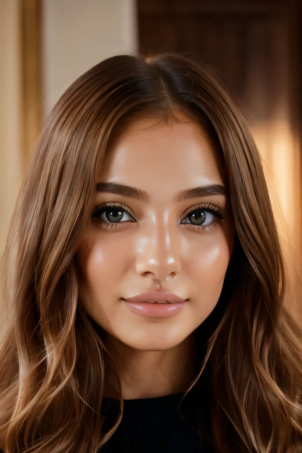 長いGolden hairと白いシャツを着た女性のクローズアップ, golden curls and grandyou,  white skin persian girl, fille au brown hair, beautiful iranian woman, pokimane, Golden hair, Extremely beautiful face, angelina stroganova, Portrait Sophie Mudd、​masterpiece, 最hightquality, hightquality, hight resolution、A smile