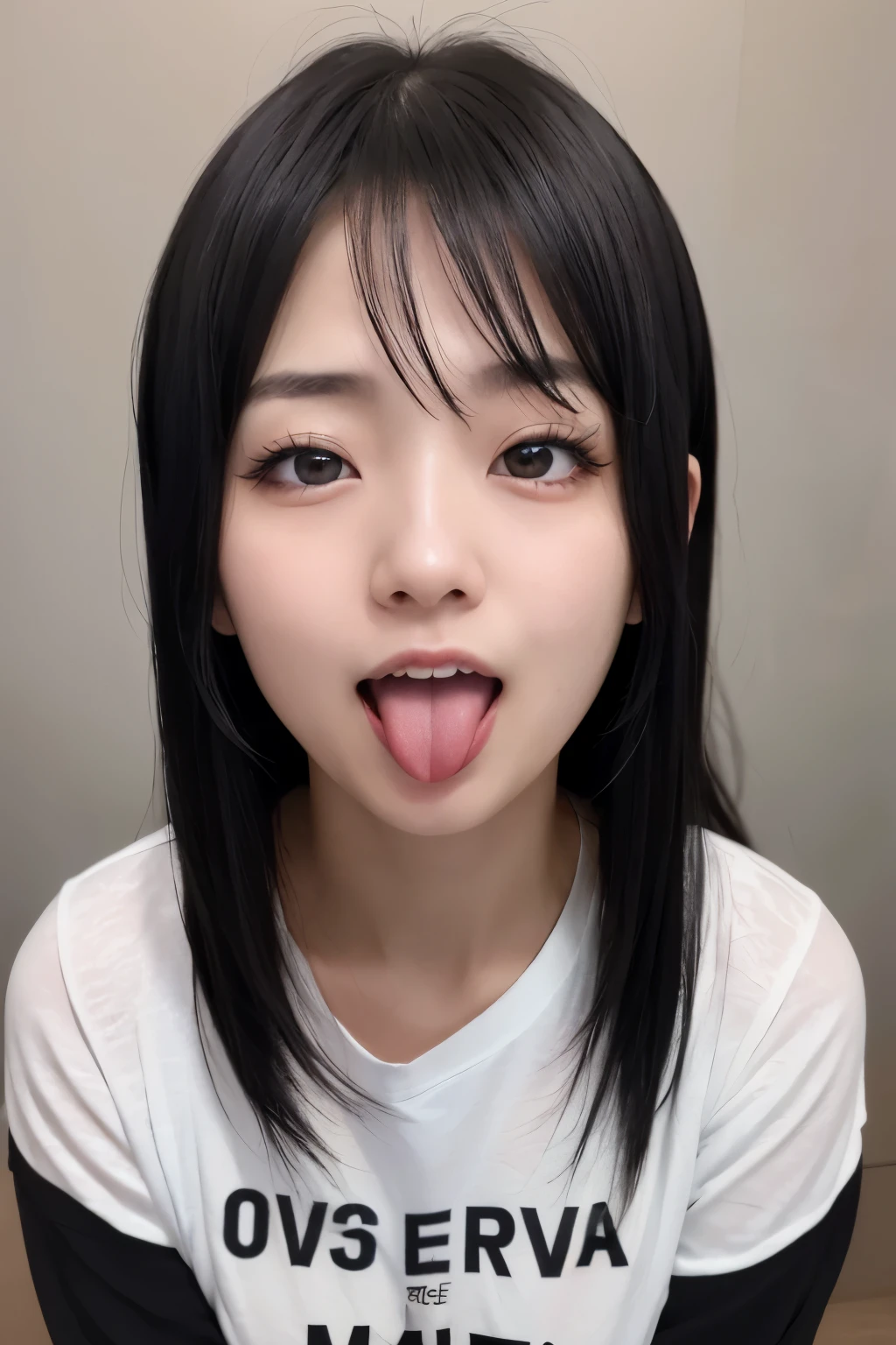 ((One 18-year-old black-haired Japanese woman)))、Dressed, (photo Realistic:1.4), (hyper Realistic:1.4), (Realistic:1.3), (Smoother lighting:1.05), (increase cinematic lighting quality:0.9), 32K, 1girl in, 20yr old, Realistic lighting, Backlighting, Light on Face, raytrace, (Brightening light:1.2), (Increase quality:1.4), (Top quality real texture skins:1.4), finely detailed eyes, finerly detailed face, (Tired and sleepy:1.2), (Joy:0), (Smile:1.2), (Laugh:0), (Ahegao:0.0), (orgasm:0.0), (Ecstasy:0.0), (tongue), close up of face, tshirts, (Increase body line mood:1.1), (Increase the beauty of skin texture:1.1)