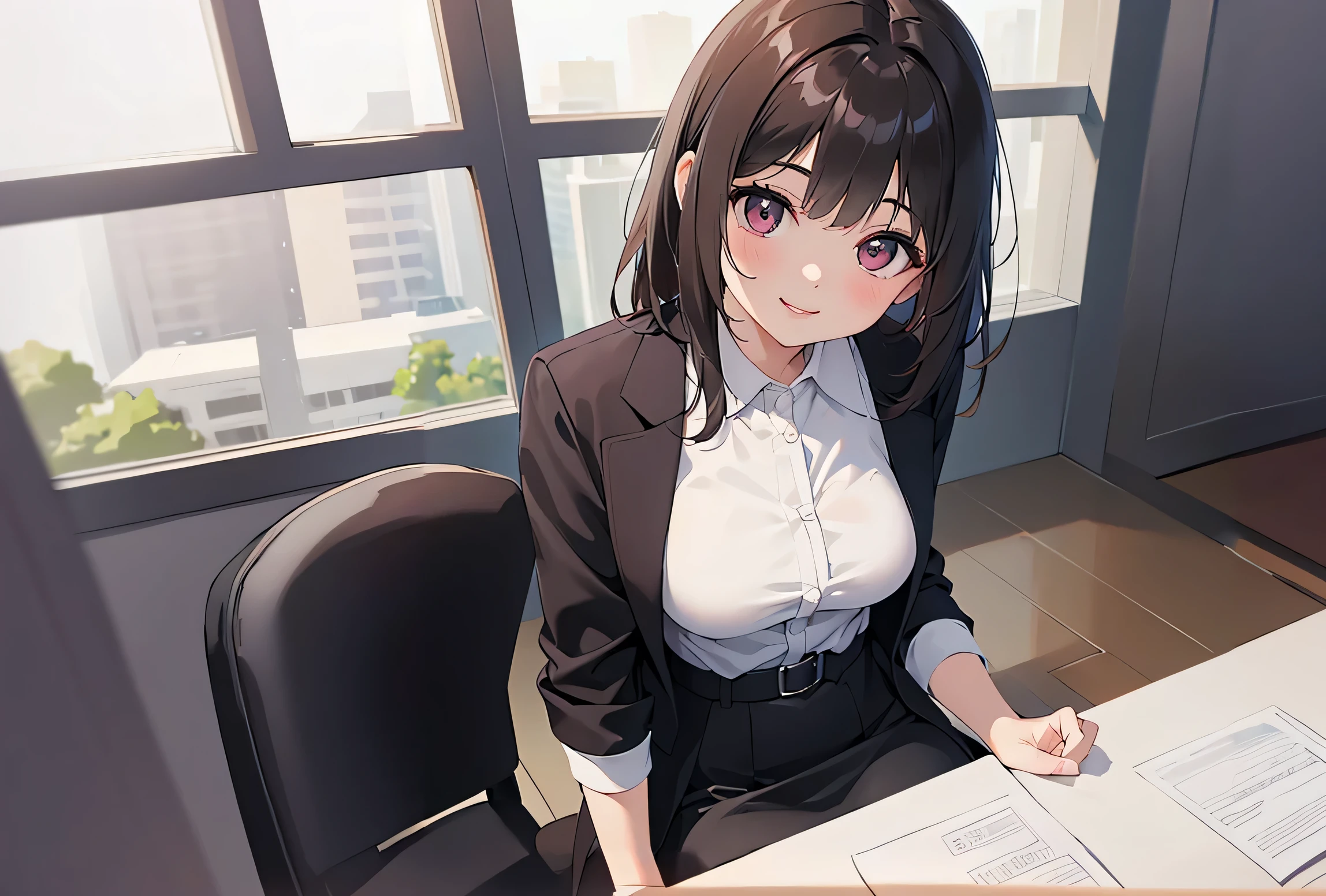 The background is office、window、a chair