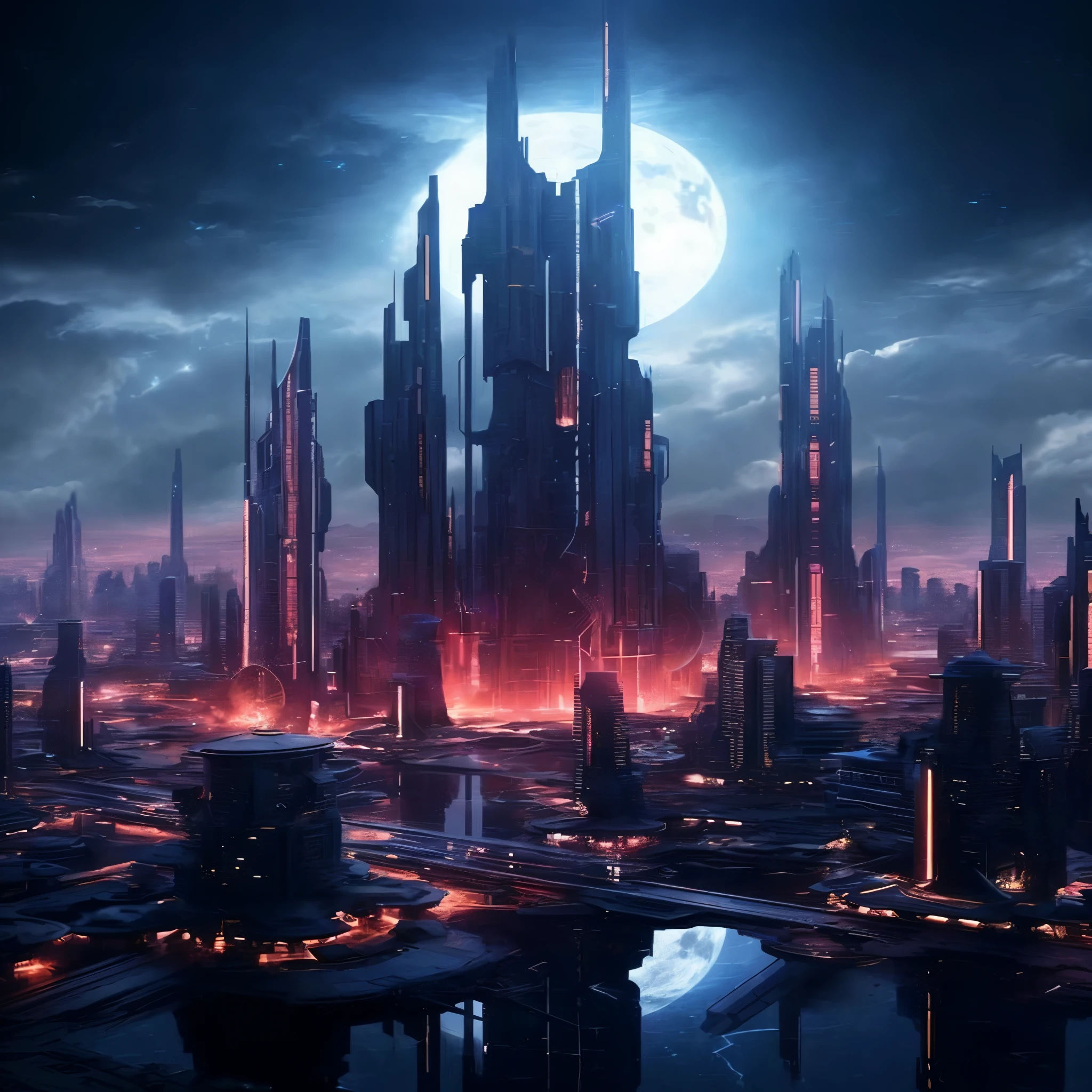 futuristic city with a moon in the sky, dark futuristic city, otherwordly futuristic city, in fantasy sci - fi city, beautiful city of the future, huge futuristic temple city, futuristic metropolis, hyper-futuristic city, sci - fi city, futuristic cityscape, sci fi city, futuristic city, futuristic dystopian city, photo of futuristic cityscape, futuristic setting