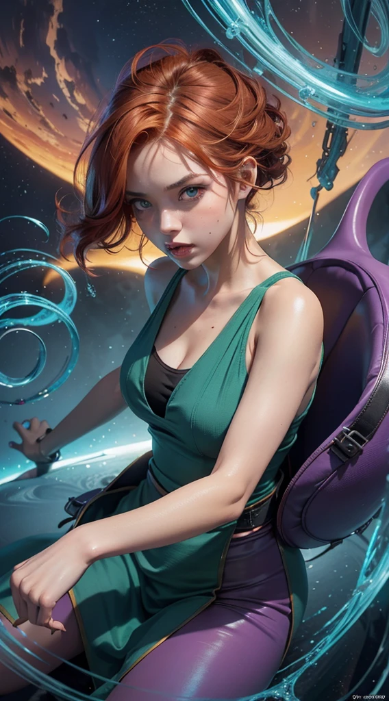 concept art, overhead angle of a Will-o'-the-wisp, wearing Funny Somali Emerald deep orange Pinafore, Caramel hair styled as Short hair, fluorescent purple Hair tie, equirectangular 360, Highres,  [(art by Willi Baumeister:1.1), (art by John T. Biggers:1.2)::17], official art, unity 8k wallpaper, ultra detailed, aesthetic, masterpiece, best quality, photorealistic
