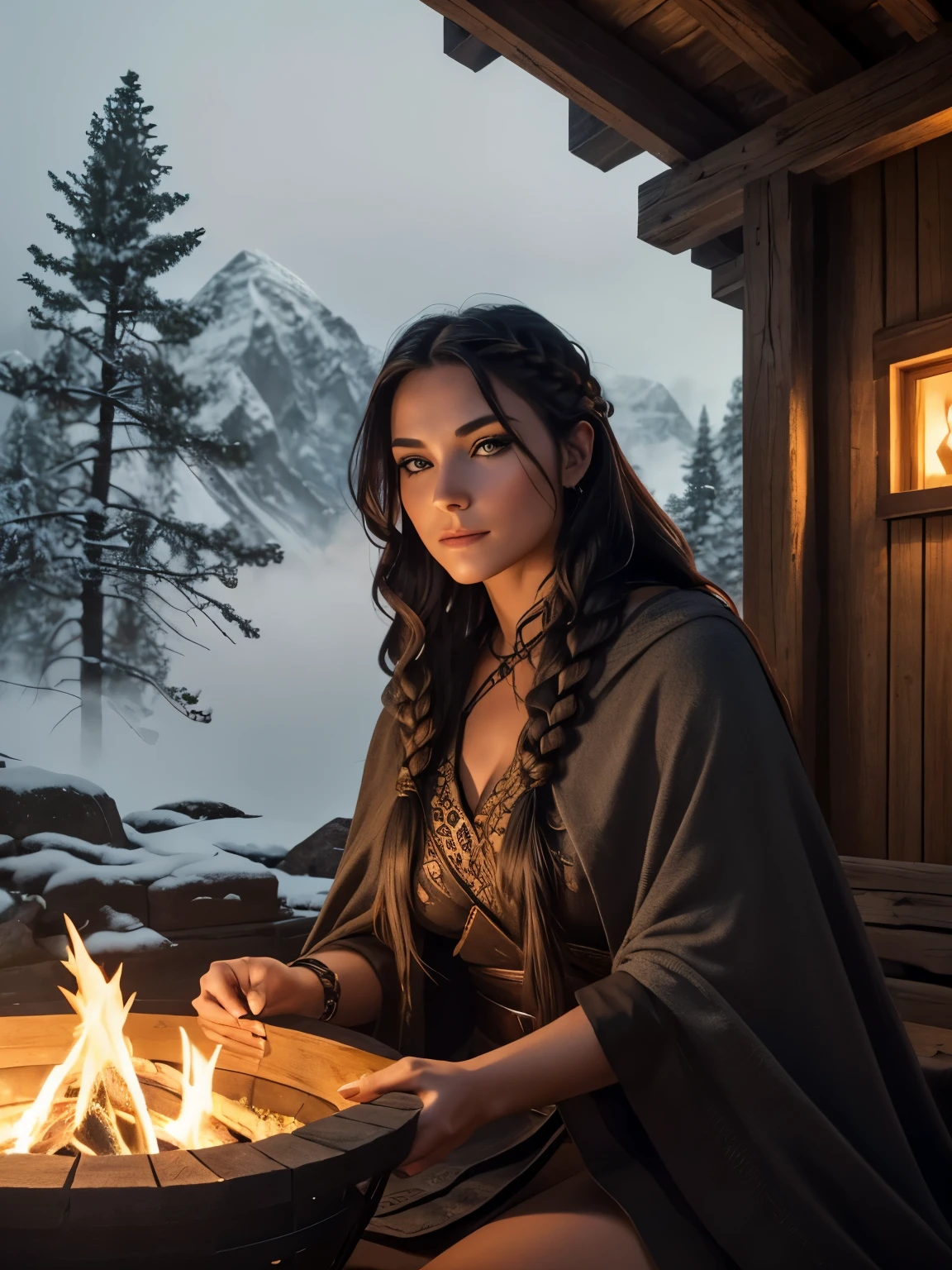 A beautiful and sexy Viking daughter woman wearing only a hemp cloak, dark wolf eyeliner, heavy eyeshadow, beautiful refined face detail, dark eyes, crooked smile, mischievous glint in her eye, slim figure, perfect legs, alluring energy, untamed spirit, Lucious braided black hair, warming herself by a blazing firepit as it snows outside, atmospheric fog, ambient light, rim light, an overgrown mountain forest, wooden hut,