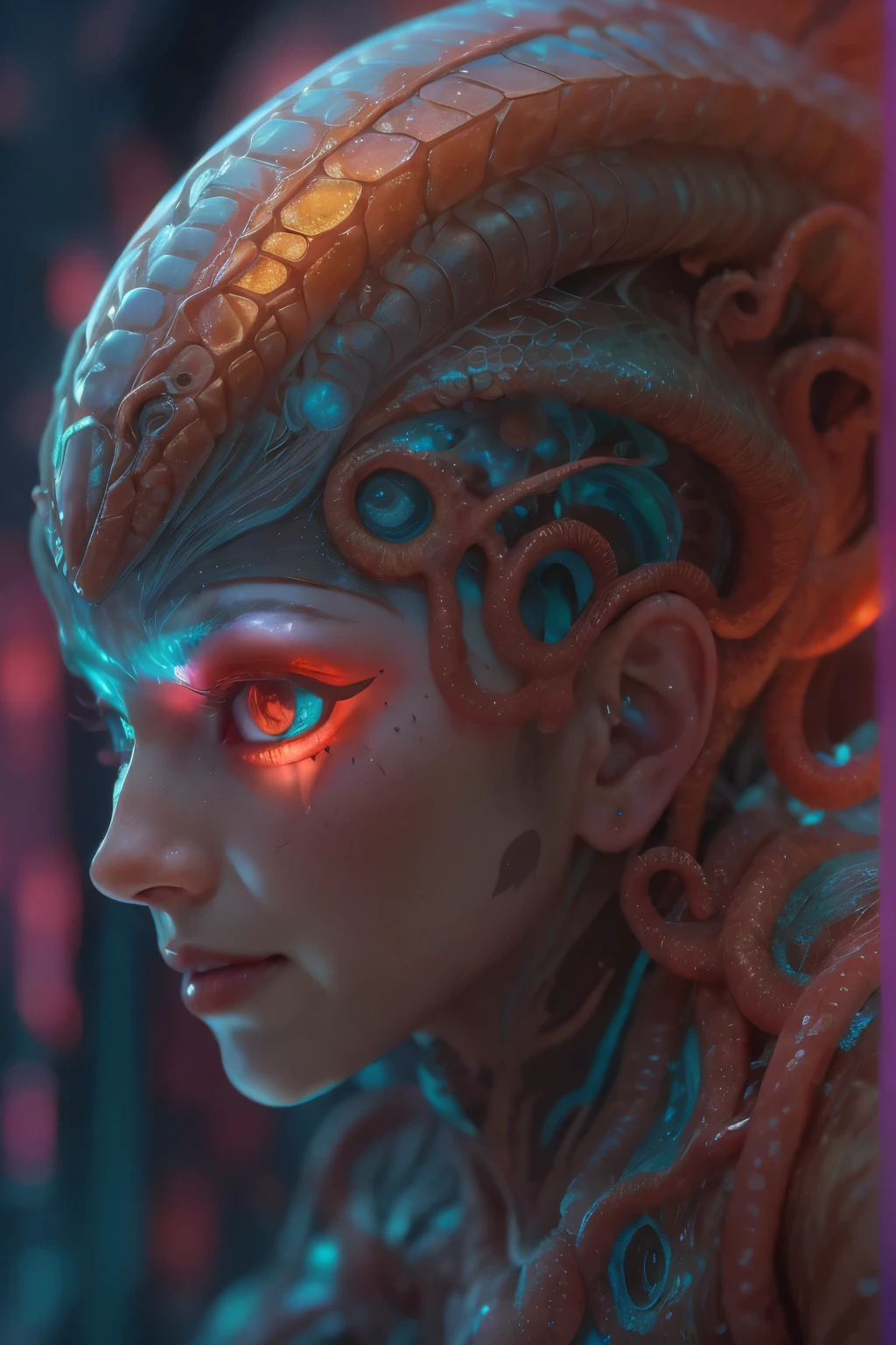 best quality, masterpiece, ultra high resolution, (photos realistic:1.7), scary and sexy detailed art in color, Portrait, (beautiful and obscene female alien:1.4), (vulgarity1.7), (she has red eyes with no pupils:1.8), (Translucent blueskin:1.7), (There is a female genital-like organ in the middle of the forehead:1.9), (The most beautiful face in the history of the universe:1.2),an evil gaze that seduces, (large mouth:1.1), (sharp teeth like a vampire:1.2), Full body portrait, (bio luminescent:1.5), (Smile wickedly:1.3), (sexypose:1.5), alien, No humans, cells are fused, (Lots of translucent tentacles:1.3) extraterrestrial, cell, bio image, best quality, 8K,In 4K_quality, High freshness, Dramatic Lighting, cinematic quality, detail up, (exquisite details:1.2), High freshness, drawing faithfully, (Thick eyebrows:1.2), Beautiful eyes with fine symmetry,(Highly detailed face and eyes:1.2), Intimate face, (Super detailed skin quality feeling:1.4), perfect anatomy, (Beautiful toned body:1.5), (Moist skin:1.2), not wearing makeup, (dark circles:1.1), long canines, cinematic drawing of characters, ultra high quality model, cinematic quality, detail up, (exquisite details:1.2), high resolution, High freshness, drawing faithfully, official art, Unity 8K Wall paper, ultra detailed artistic photography, midnight aura, unreal engine 5, Ultra Sharp Focus, art by Amano Yoshitaka, ArtGerm, Roisch, intricate artwork,ultra realistic realism, dream-like, nautilus, Creation of fantasy, Snail, Dream Snail, (biopunk nautilus:1.3),Thrilling color schemes, seductively smiling, Blue tentacles, Amazing mutation, well-proportioned body, goddess of the deep sea, fractal, Geometric pattern