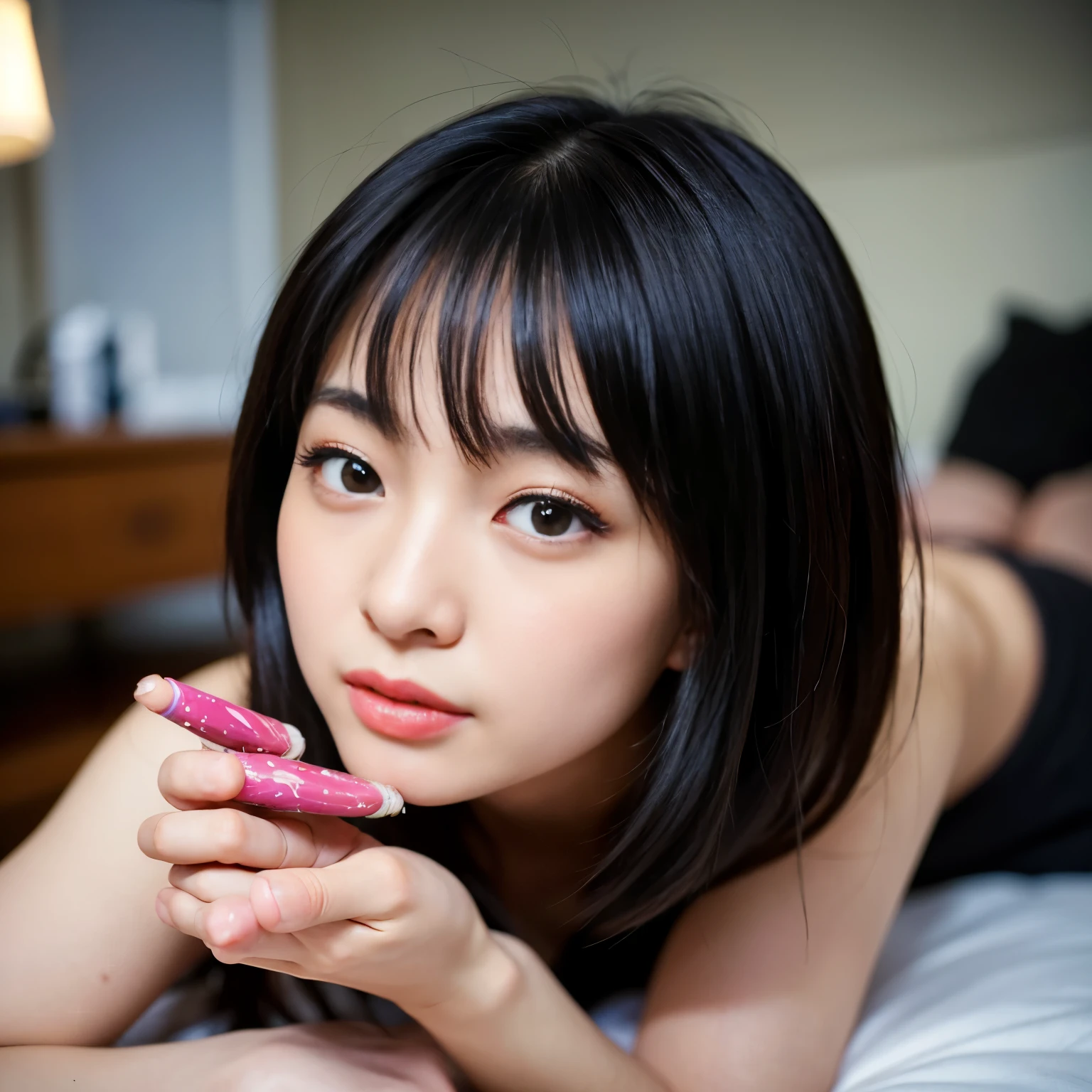 (((Touching a dildo)))、(((Handjob)))、High resolution, Super detailed, Realistic, nude、1 beautiful Japan schoolgirl, Highly detailed beautiful face, Short Bob、Black Hair, Beautiful feet, A light smile, Bedroom