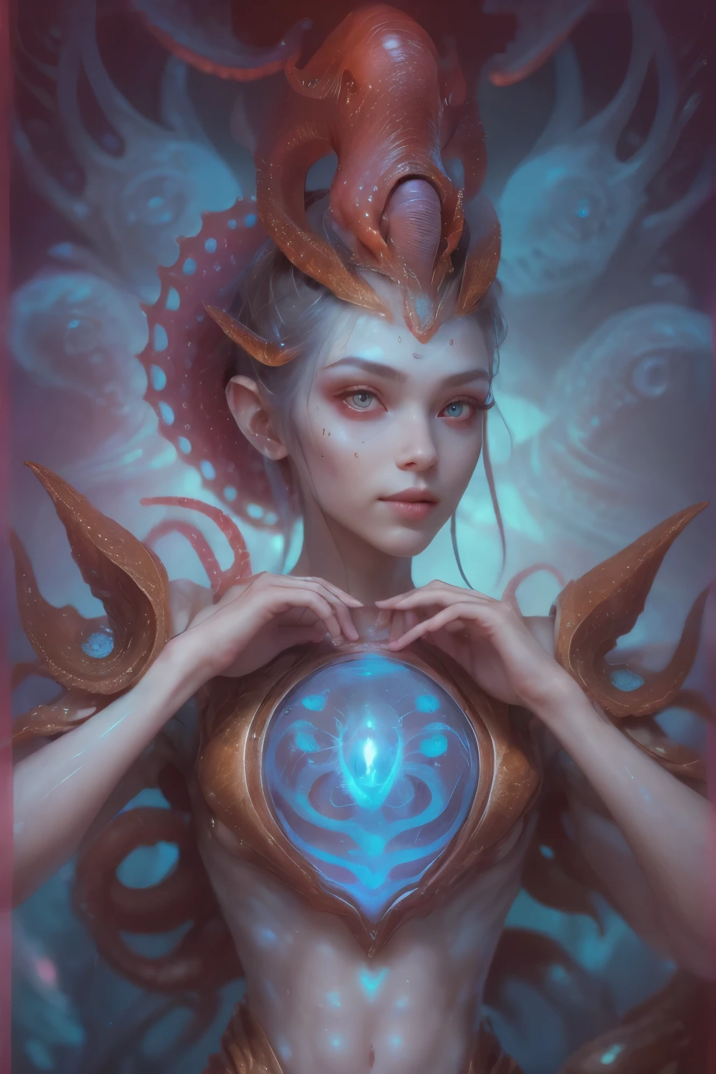 Portrait, (1 beautiful female alien:1.2), (There is a female genital-like organ in the middle of the forehead:1.8), (The most beautiful face in the history of the universe:1.2), (Scarlet eyes that shine mysteriously:1.6), (Translucent skin:1.8), an evil gaze that seduces, (red eyes:1.5), (large mouth:1.1), sharp teeth like a shark, Full body like, (bio luminescent:1.2), (Smile wickedly:1.3), (sexypose:1.5), alien, No humans, cells are fused, (Lots of translucent tentacles:1.1) (Translucent skin:1.3), extraterrestrial, cell, bio image, Best Quality, 8K,4K_quality, High Definition, Dramatic Lighting, masutepiece:1.5,cinematic quality, detail up, (Intricate details:1.2), High resolution, High Definition, drawing faithfully, (Thick eyebrows:1.2), Beautiful eyes with fine symmetry, (Ultra detailed eyes:1.2),(Highly detailed face and eyes:1.2), (High-resolution red-eye:1.4), Intimate face, (Super detailed skin quality feeling:1.4), Perfect Anatomy, (Beautiful toned body:1.5), (Moist skin:1.2), No makeup, (dark circles:1.1), long canines, cinematic drawing of characters, ultra high quality model, cinematic quality, detail up, (Intricate details:1.2), High resolution, High Definition, drawing faithfully, Official art, Unity 8K wall , 8K Portrait, Best Quality, Very High resolution, ultra detailed artistic photography, midnight aura, unreal enginee 5, Ultra Sharp Focus, art by alberto seveso, ArtGerm, Roisch, intricate artwork, best quality, masutepiece, ultra High resolution, (photos realistic:1.4), Ultra-realistic realism, dream-like, nautilus, Creation of fantasy, Snail, Dream Snail, (biopunk nautilus:1.3), Thrilling color schemes, Ultra-realistic realism, seductively smiling, Blue tentacles