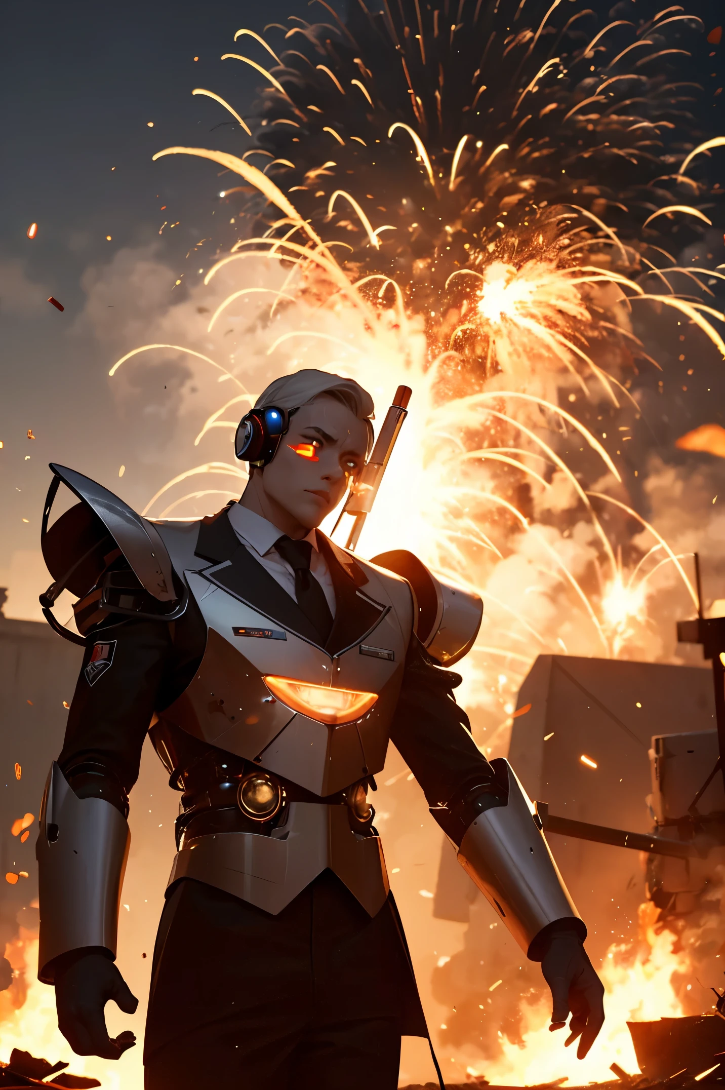 Robotic butler on the battlefield, explosions, flames, sparks, smoke,