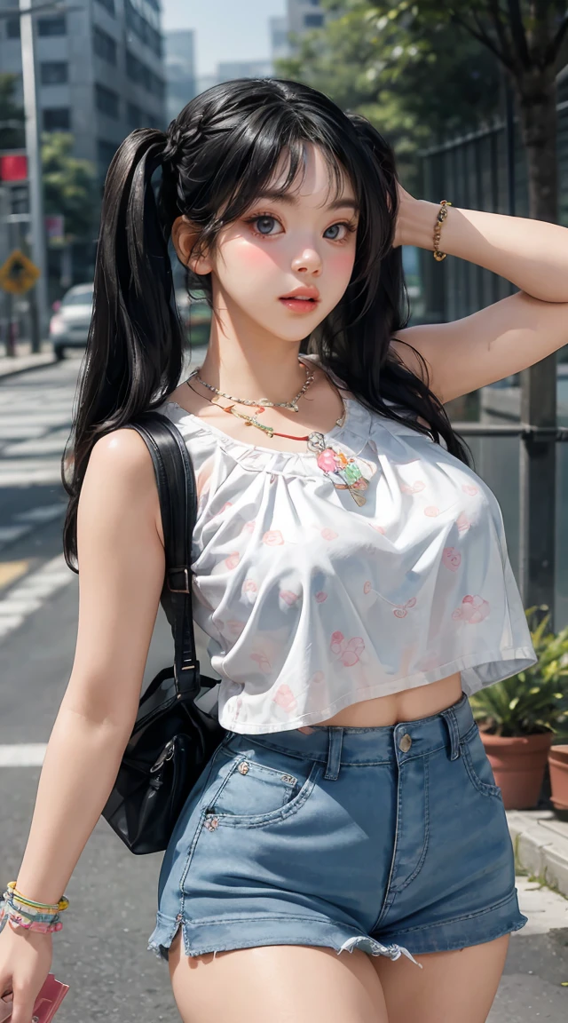 (masterpiece, best quality), perfect slim fit body, thick thighs, nice breasts, braided twintails, printed sleeveless cropped blouse, miniskirt, necklace, bracelets, backpack, big gorgeous eyes, parted lips, blush, walking pose, college compound, natural lighting