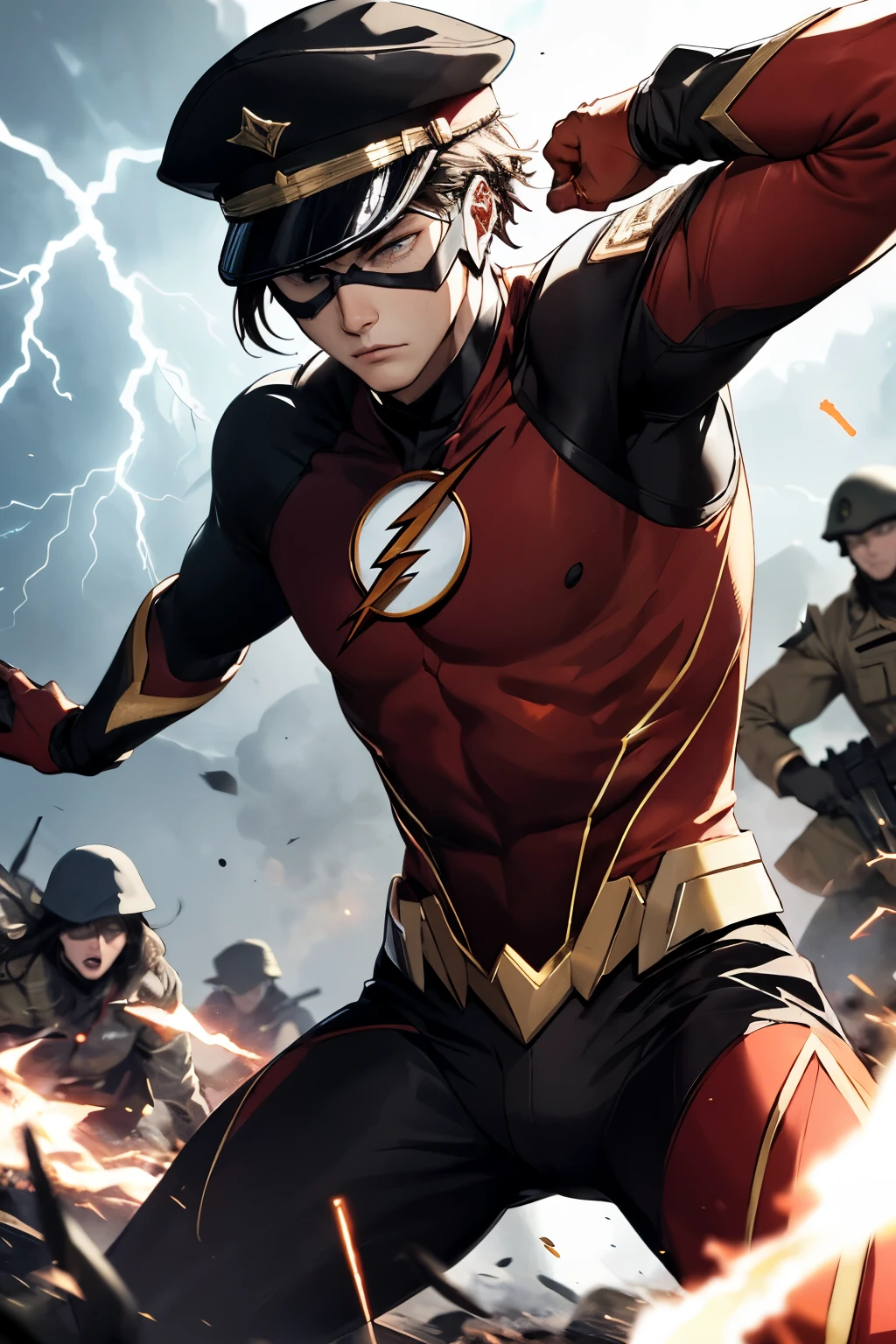 the flash character from the series with empire medals, wearing a cap with neext written on it, he is at war on the battlefield shooting several soldiers the setting is a battlefield attacking others with a gun, his hair is white and he has a lightning symbol on his shirt
