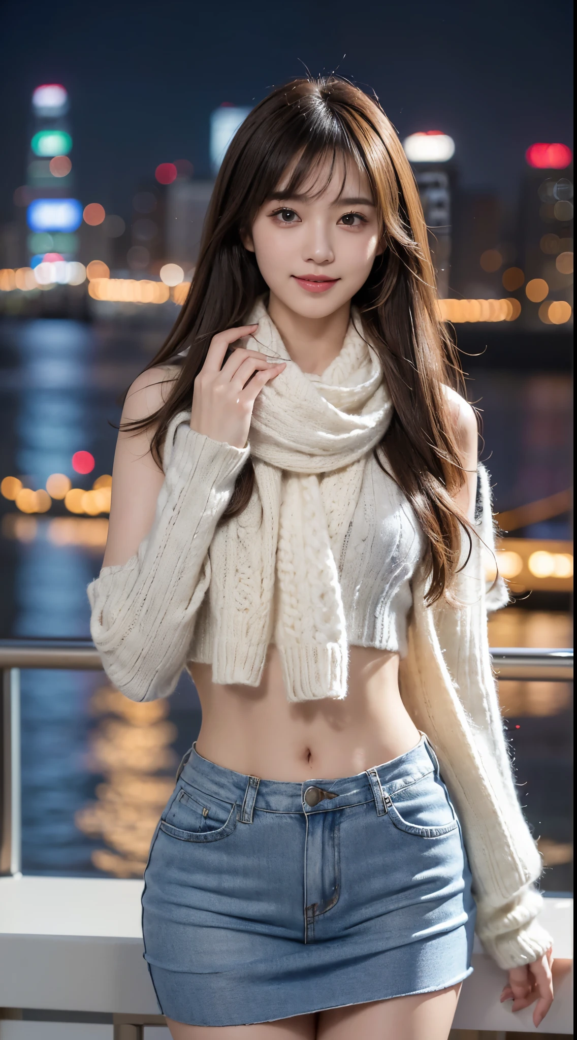 1 japanese girl,(Sweaters:1.4),(She wore a knitted scarf around her neck covering her chin:1.5), (RAW photogr, Best quality at best), (actual, 真实感:1.4),(Focus on thighs and above),Dynamic posture,Superskirt, Extremely Delicately Beautiful, The content is very detailed, 8K wall, Extremely detailed CG unification, A high resolution, gentlesoftlighting, Beautiful detailed 25 year old, Extremely detailed eyes and face, beautiful detailed nose, beautidful eyes,电影灯光,city light at night,perfect anatomia,long slim figure,Smiling (hair messy, asymmetricalbangs, Light brown hair,)