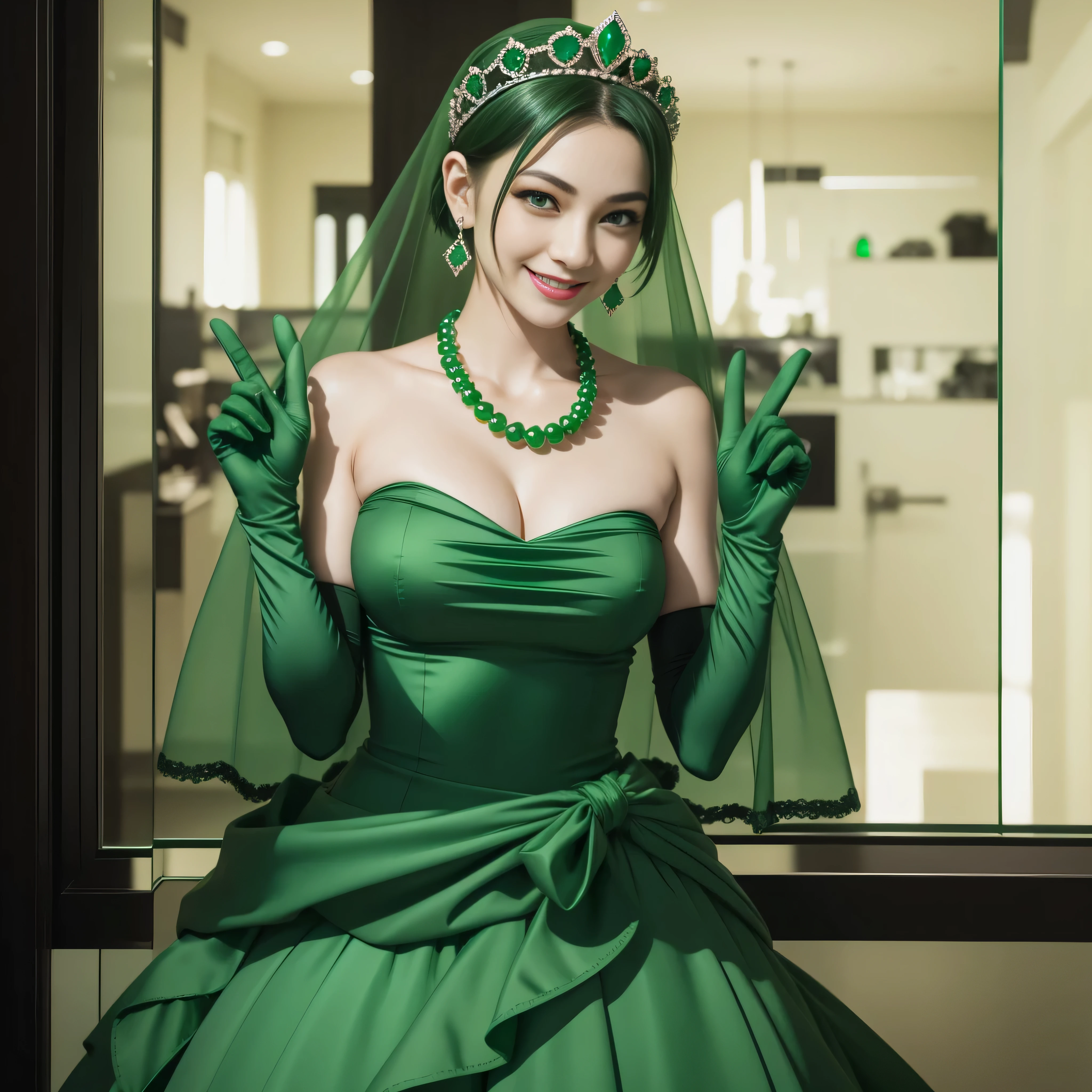 emerald tiara, Green Pearl Necklace, Boyish very short green hair, lipsticks, Japan woman smiling, very short short hair, big breasts beautiful, Green eyes, Long green gloves made of satin material, Green eyes, Emerald Earrings, green vale, v sign