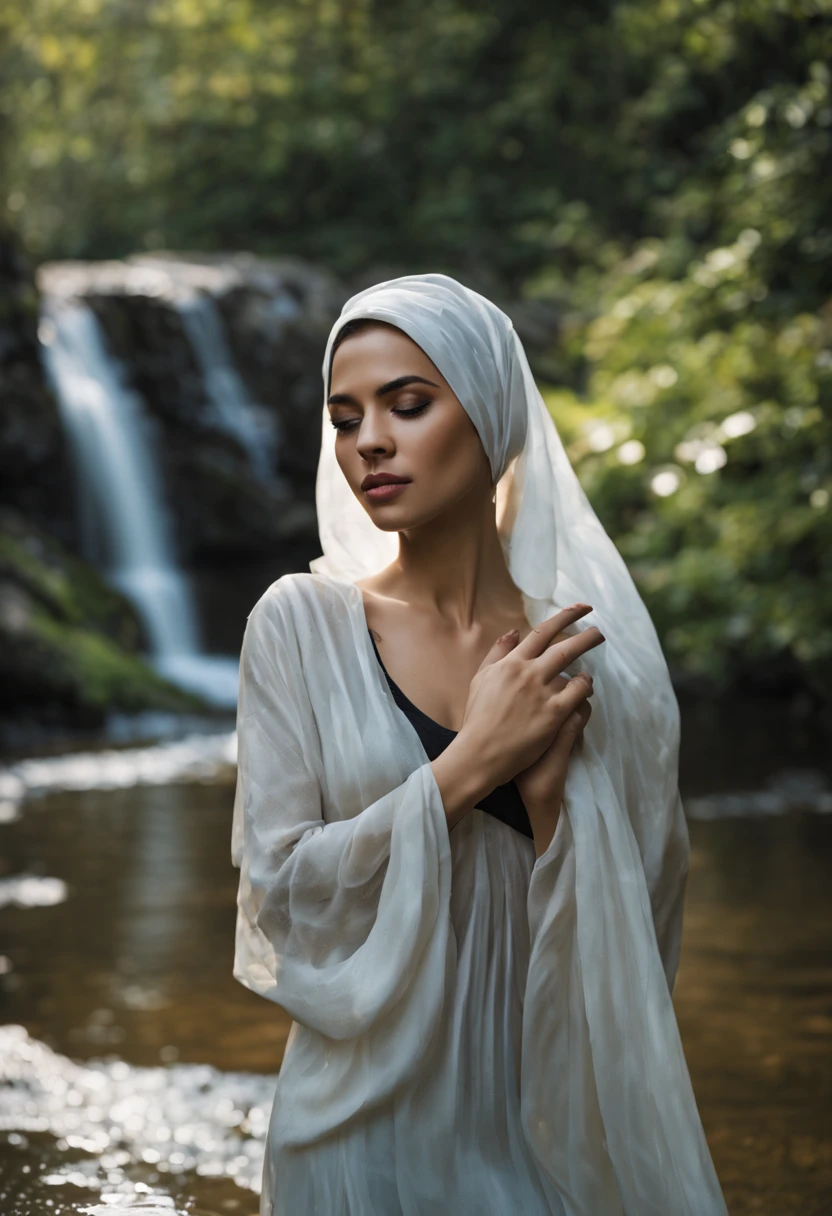 Beautiful Girl woman wear hijab standing by the water fall. Droplets of water glisten on her skin. The fabric caresses her skin providing a comforting warmth. Wet hijab, accentuating her natural grace and beauty. Her hijab still damp and tousled falls loosely around her shoulders. Droplets of water trickle down her neck and cascade onto her collarbone adding a touch of sensuality to the scene. Her face reflecting a moment of tranquility and self-care. Insane serene river Background, real skin, perfect anatomy, model, photography, realistic, very realistic, medium breast, perfect finger anatomy, 20 y o, transparent water, show her breast,