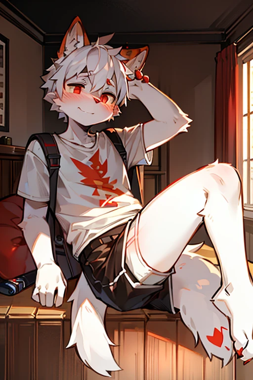 furry,A cute gray wolf boy,White hair,Red pupil,Toddler, Wearing cute diapers,Short white socks,Naked,Sitting in front,Play games,night,Dark bedroom,Wet diaper,Urine soaked thighs,Trembling,protrait photo,HD