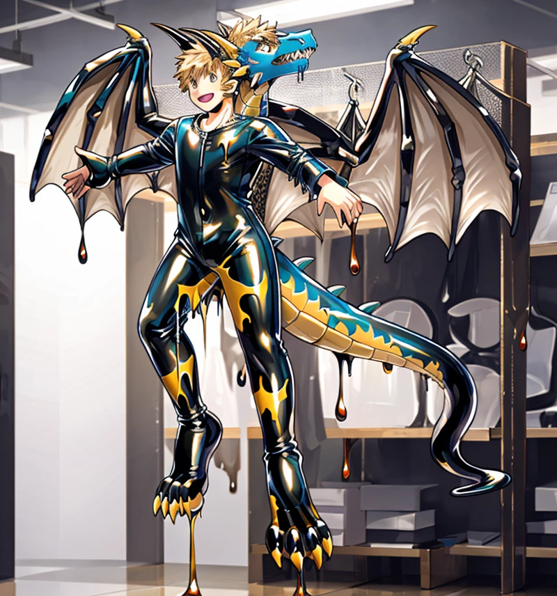 HD, photorealistic, latex goo coating, there is a shiny red yellow latex goo dragon costume encasing a young man, latex goo coating, human latex dragon suit fusion, as an anthropomorphic dragon rubbersuit, inside latex animal costume fursuit store, suspended on coat hanger, latex fursuit display rack, young male anthro human latex dragon hybrid, dragon-shaped human, living suit, interior of latex fursuit shop filled with latex monster costumes, on display among various latex beast costumes