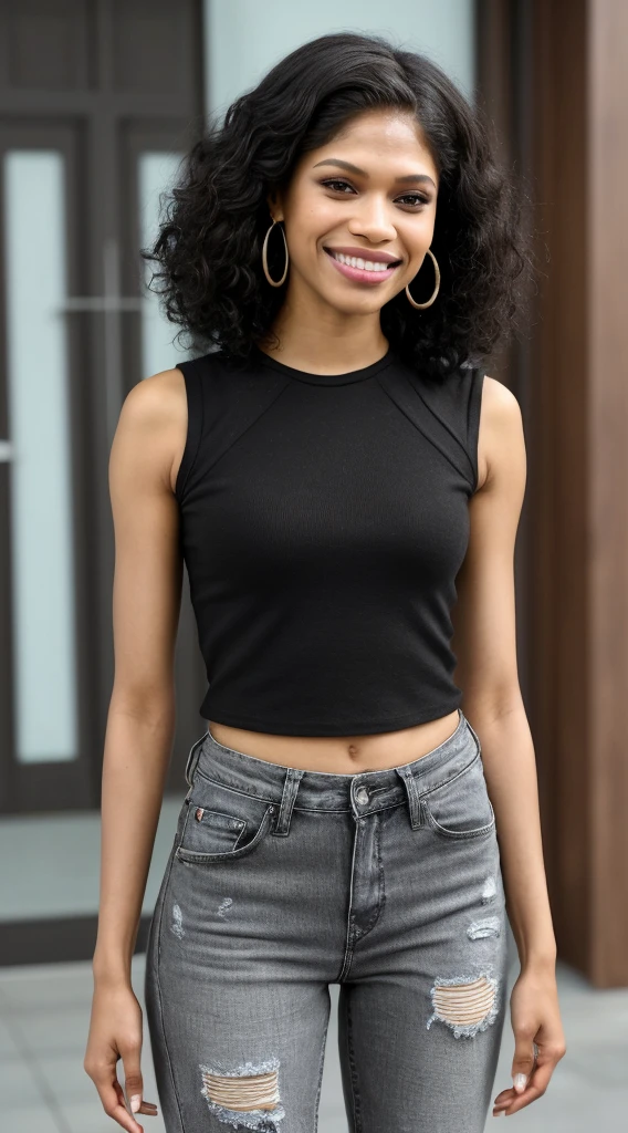 smiling woman with very short black curly hair and earrings, curly black hair in a afro, wearing a black top with grey ripped jeans and black leather boots, mixed-race woman, indian, latina, brown skin, 30 years old, short, petite physique, diminutive, cute features, spunky expressions, standing in front of a building, zendaya-freida pinto-samantha logan-rosario dawson-dominique tipper-madeleine mantock-elodie yung-amita suman-nicole gale anderson-jaylen barron-kylie jenner-nicole scherzinger merged, entire body visible, full body, hyperrealistic, best quality, 8K, real human skin, masterpiece, extremely intricate, medium closeup, detailed eyes, detailed face, detailed body, exaggerated features, pronounced features