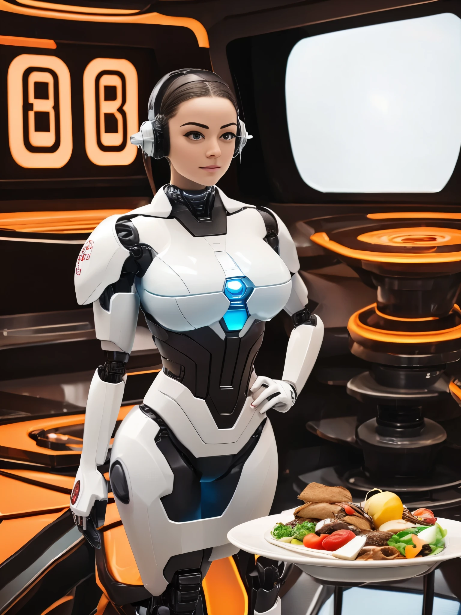 Meal Delivery Girl Robot Butler, (Best Quality, High Resolution, Masterpiece: 1.2), Super Detailed, Realistic: 1.37, Professional, Physically Based Rendering, Studio Lighting, Vibrant Colors, Portrait,