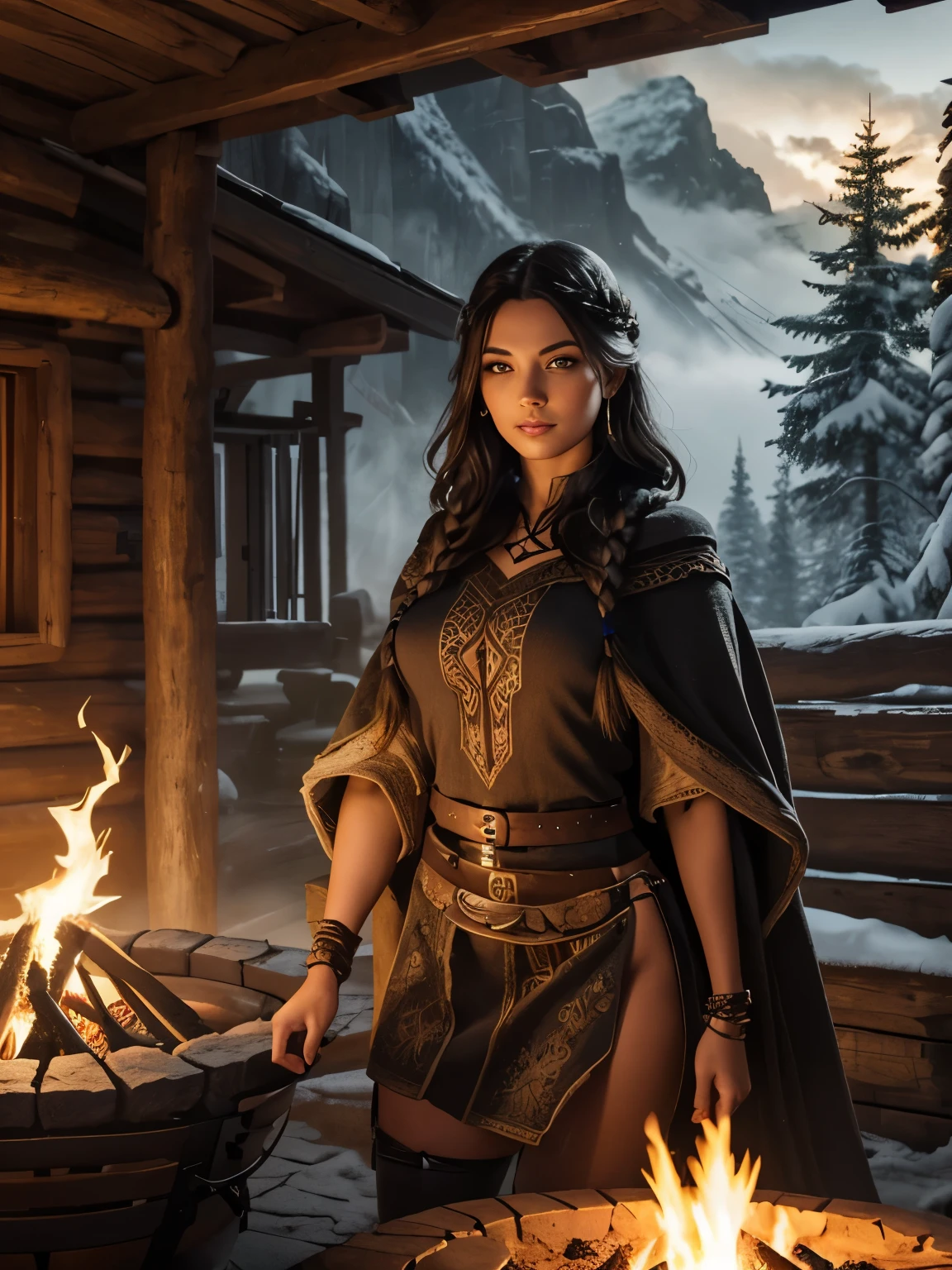 A beautiful and sexy Viking daughter woman wearing only a hemp cloak, dark wolf eyeliner, heavy eyeshadow, beautiful refined face detail, dark eyes, crooked smile, mischievous glint in her eye, slim figure, perfect legs, alluring energy, untamed spirit, Lucious braided black hair, warming herself by a blazing firepit as it snows outside, atmospheric fog, ambient light, rim light, an overgrown mountain forest, wooden hut,