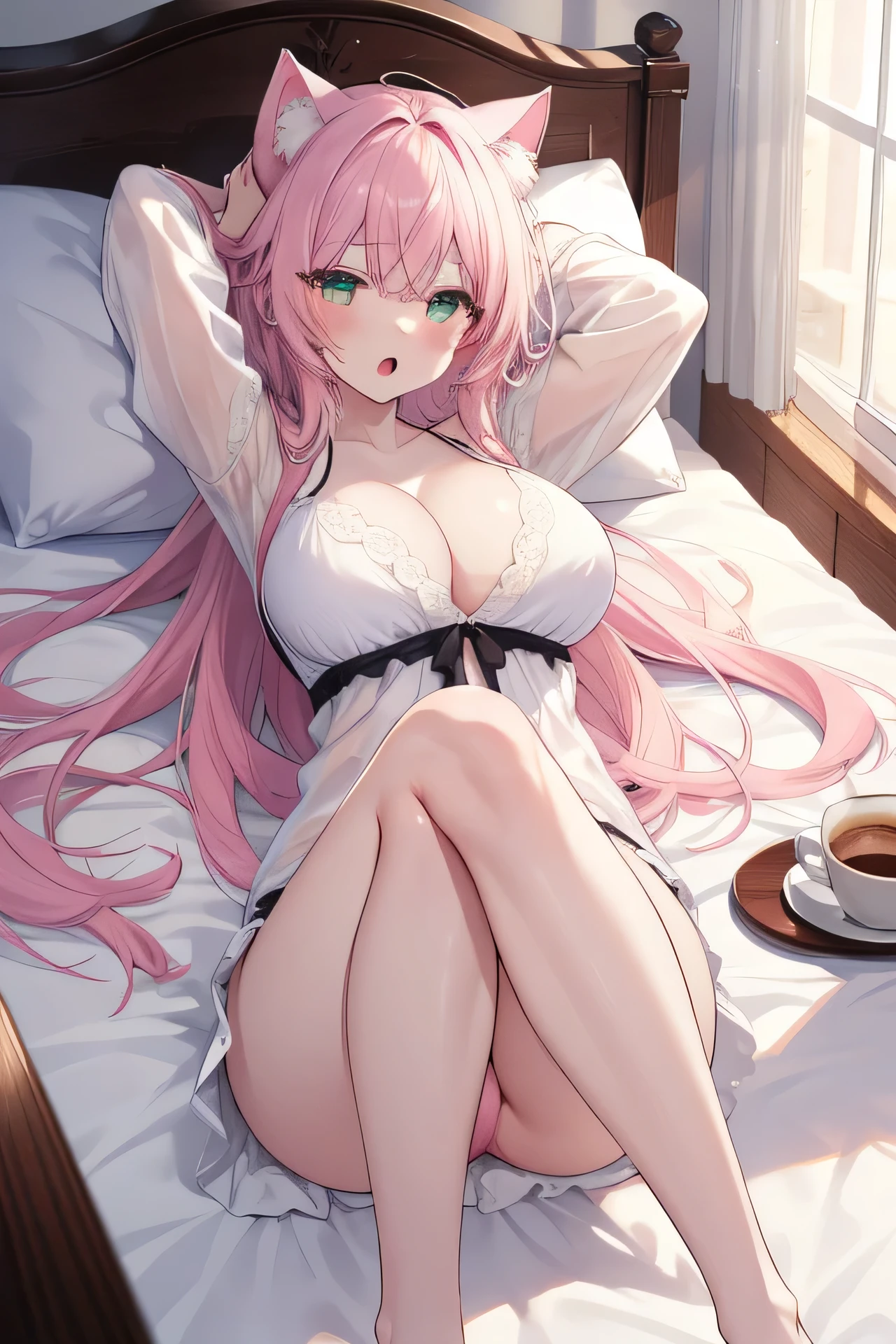 ((masutepiece)), ((Best Quality)), ((8K)), High resolution, 1girl in, Cat ears, pale skin, Large breasts, Green eye, Pink hair, Very long hair, hair messy, cup of coffee, Bedroom, Yawn, sleepy, sulking, under wear, morning, Arms up, Lying