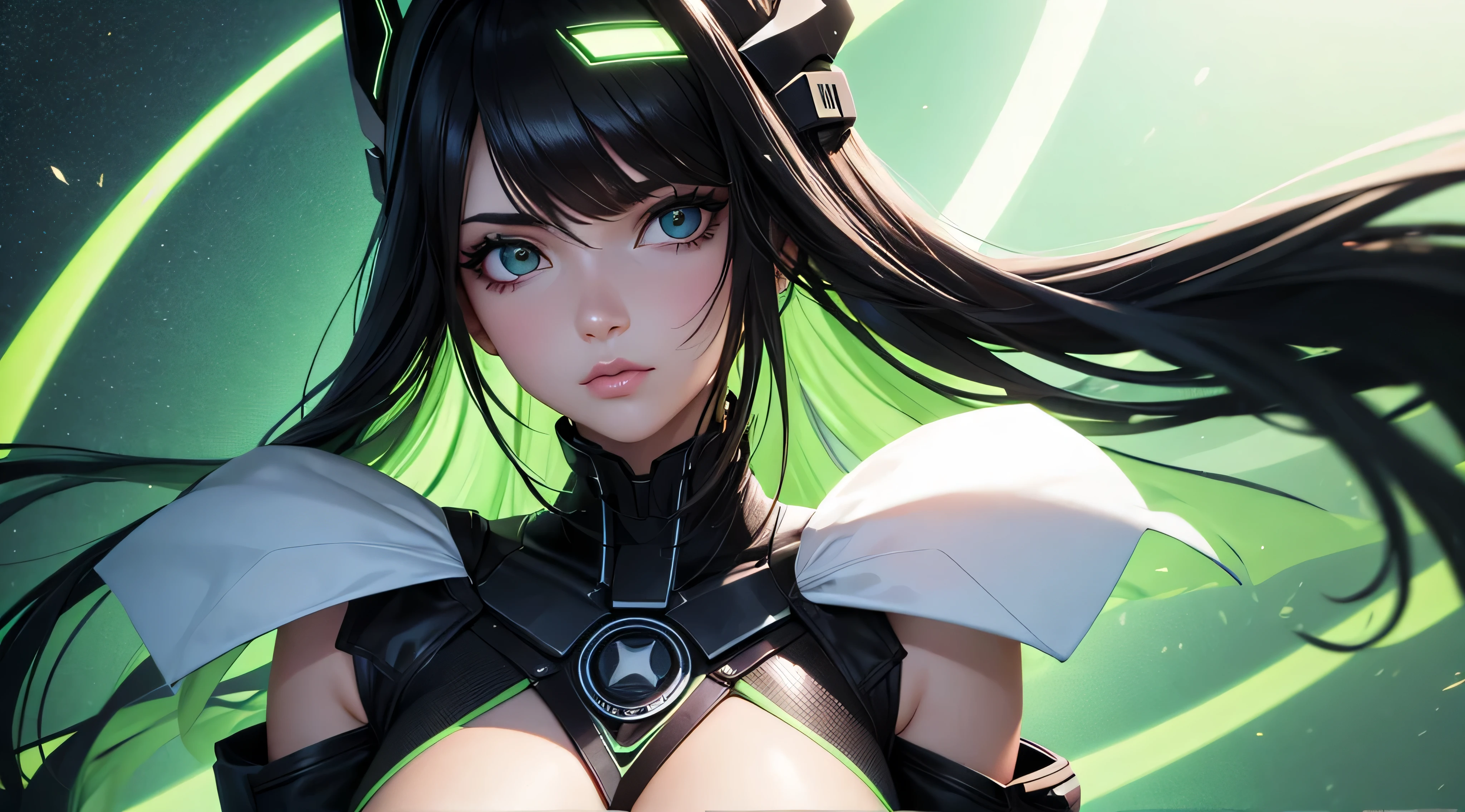 mujer hermosa, ojos verdes , cabello negro , estililo cyber
