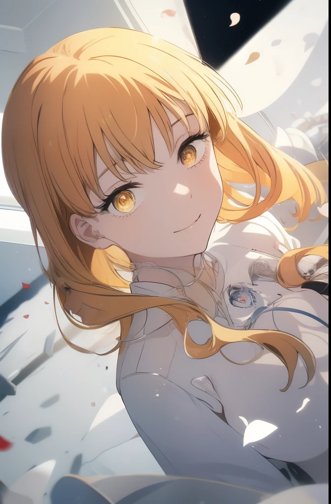 masterpiece, best quality, 1girl, (space), spacecraft, (white dress), full pose, side angle, romance manga, yellow eyes, ash blonde hair, (white background, dynamic), cute, ethereal, (slow motion), hearts, rose petals, ((((wide shot)))), ascending heavanly stairs, ((smiling, happy)), ((heart shaped pupils)), falling rose petals, white background, simple background