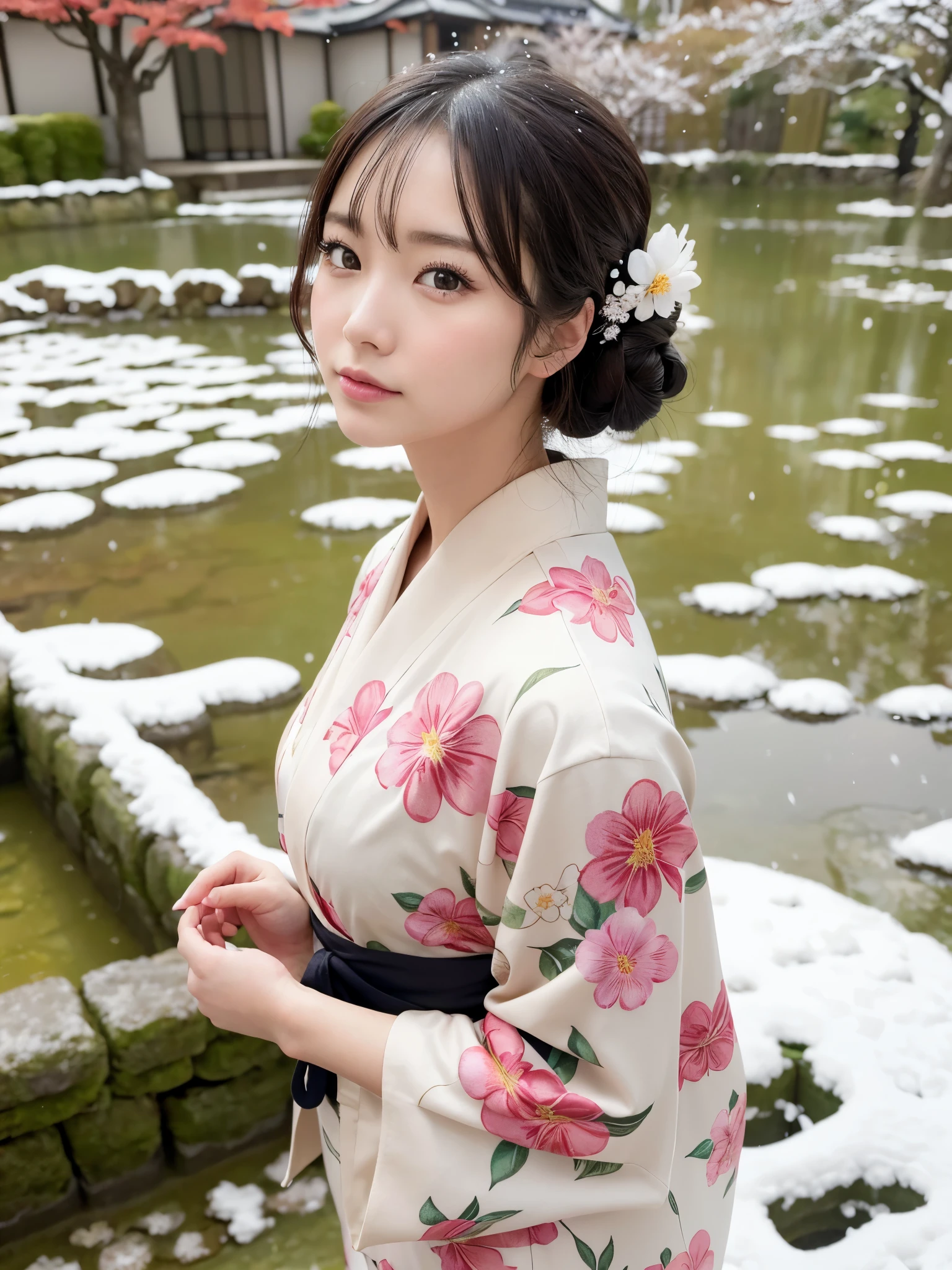 (floral printed mini Kimono, Obi: 1.2), ((of the highest quality, 8K, masutepiece: 1.3, Raw photo)), Sharp Focus: 1.2, (1 AESPA Girl :1.1), SOLO, (Realistic, Photorealistic: 1.37), (Face Focus: 1.1), Cute face, hyperdetailed face, (updo: 1.2), (Falling snow:1.2), (Hair swaying in the wind:1), (Light reflecting snow:1.3), Japanese theme, Washi background, Filming in the Japan Garden, Beautiful Japanese makeup, A beautiful woman that symbolizes Japan culture, (nude)